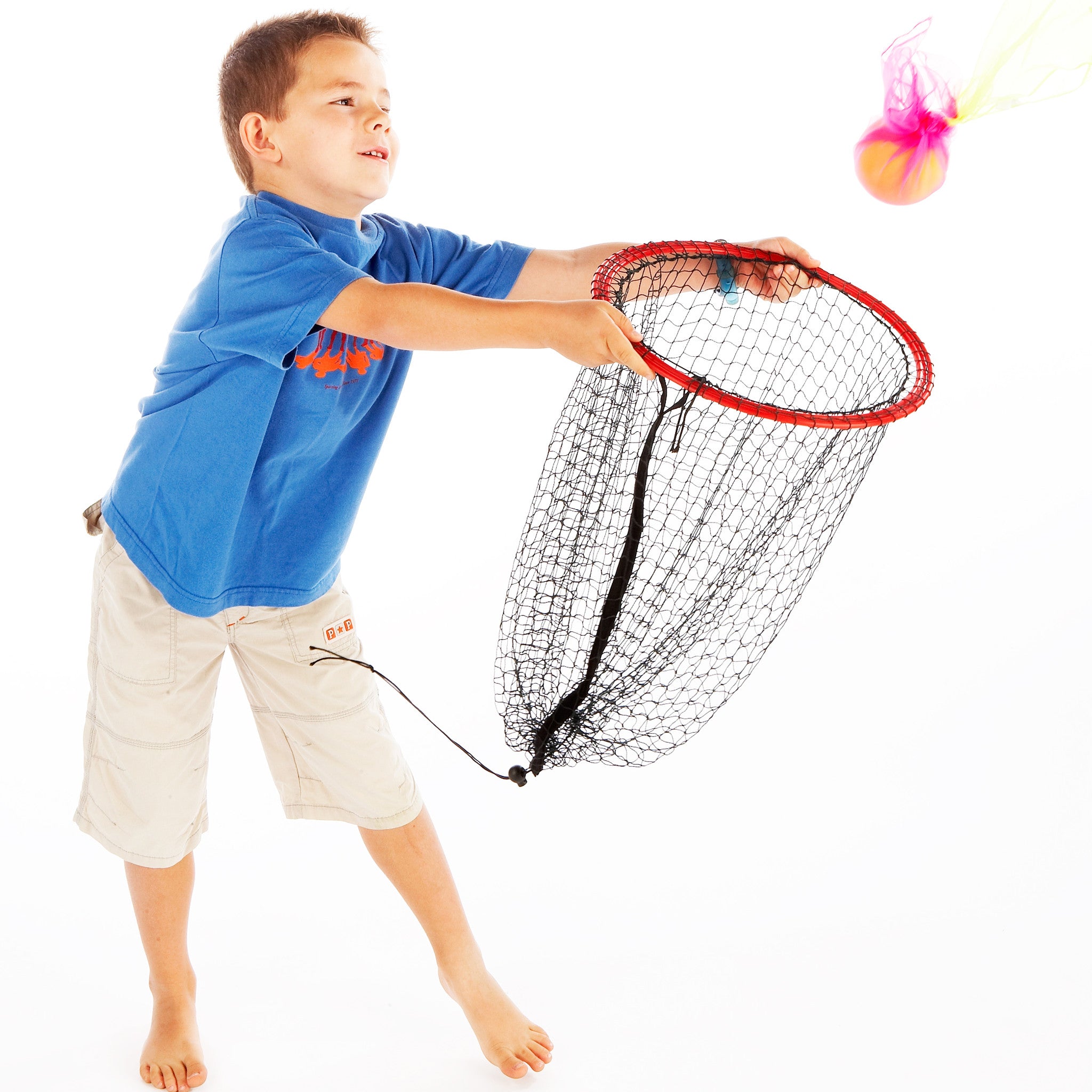 Early Years Coaching Ball Skills. Training drill with an Easy Catch Net and 'fish' - sponge ball slowed by tying Juggle Squares around it.