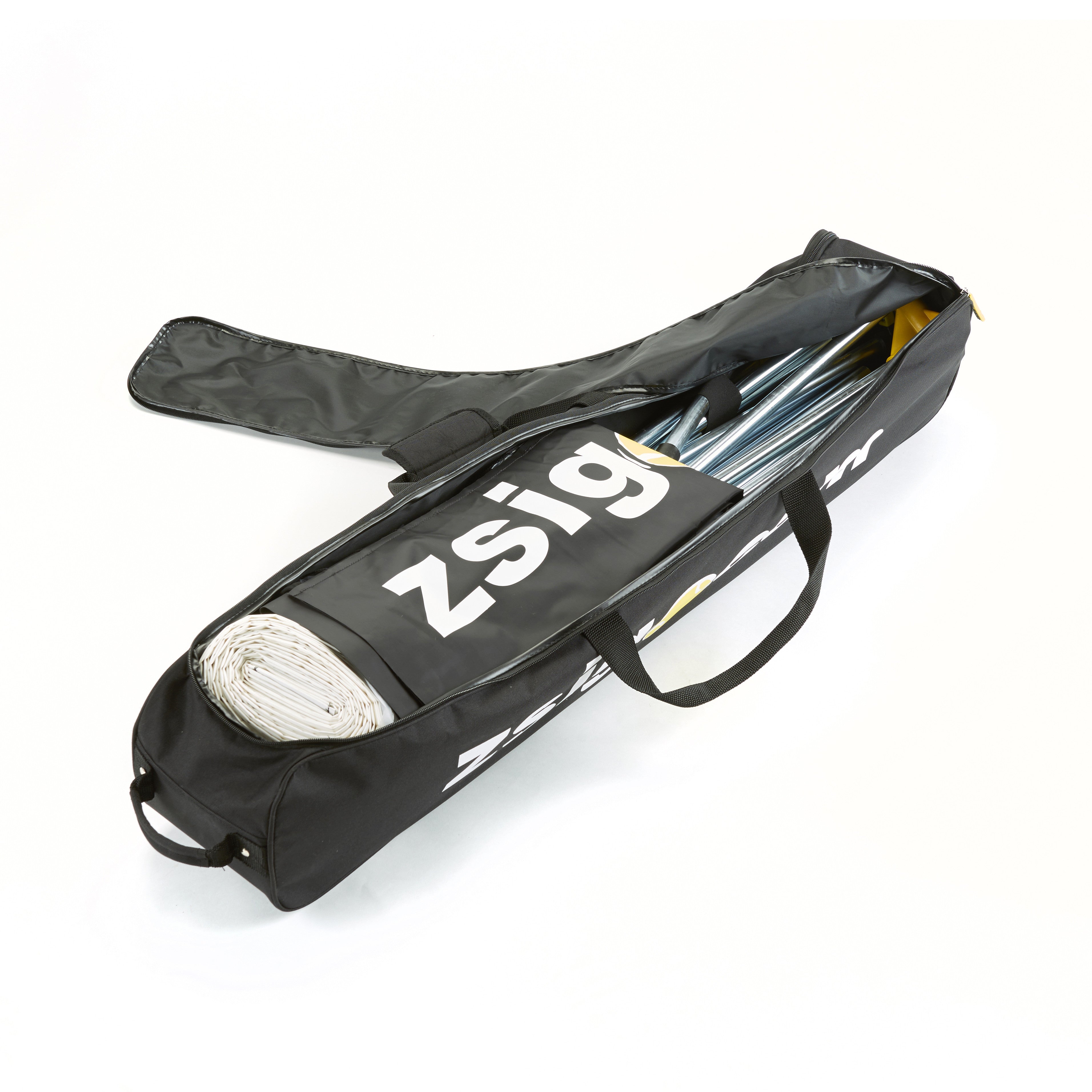 Zsignet 48 patented 12.8m full size portable tennis net packed in its bespoke wheeled bag.