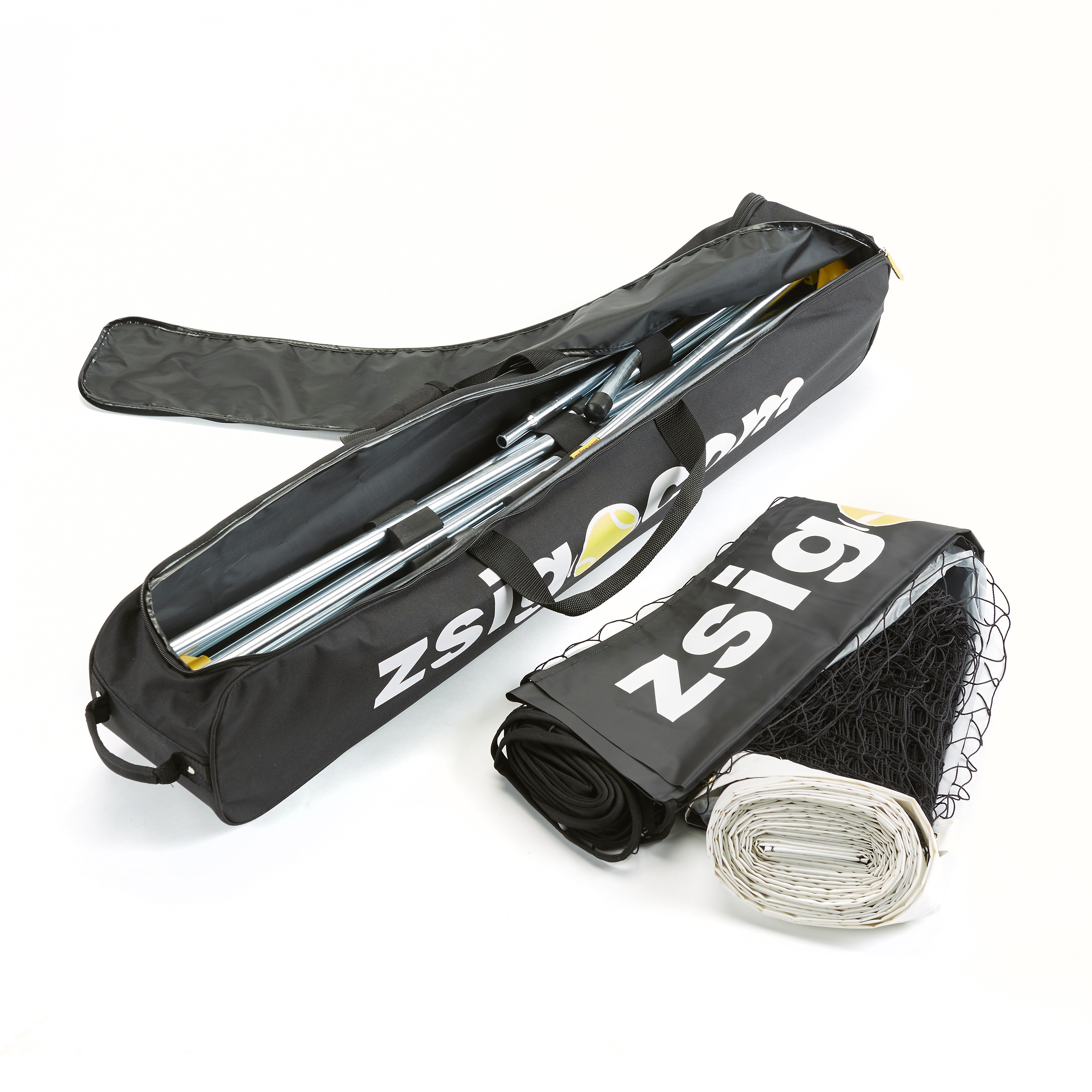 Zsignet 48 patented 12.8m full size portable tennis net folds easily  into its bespoke wheeled carry bag.