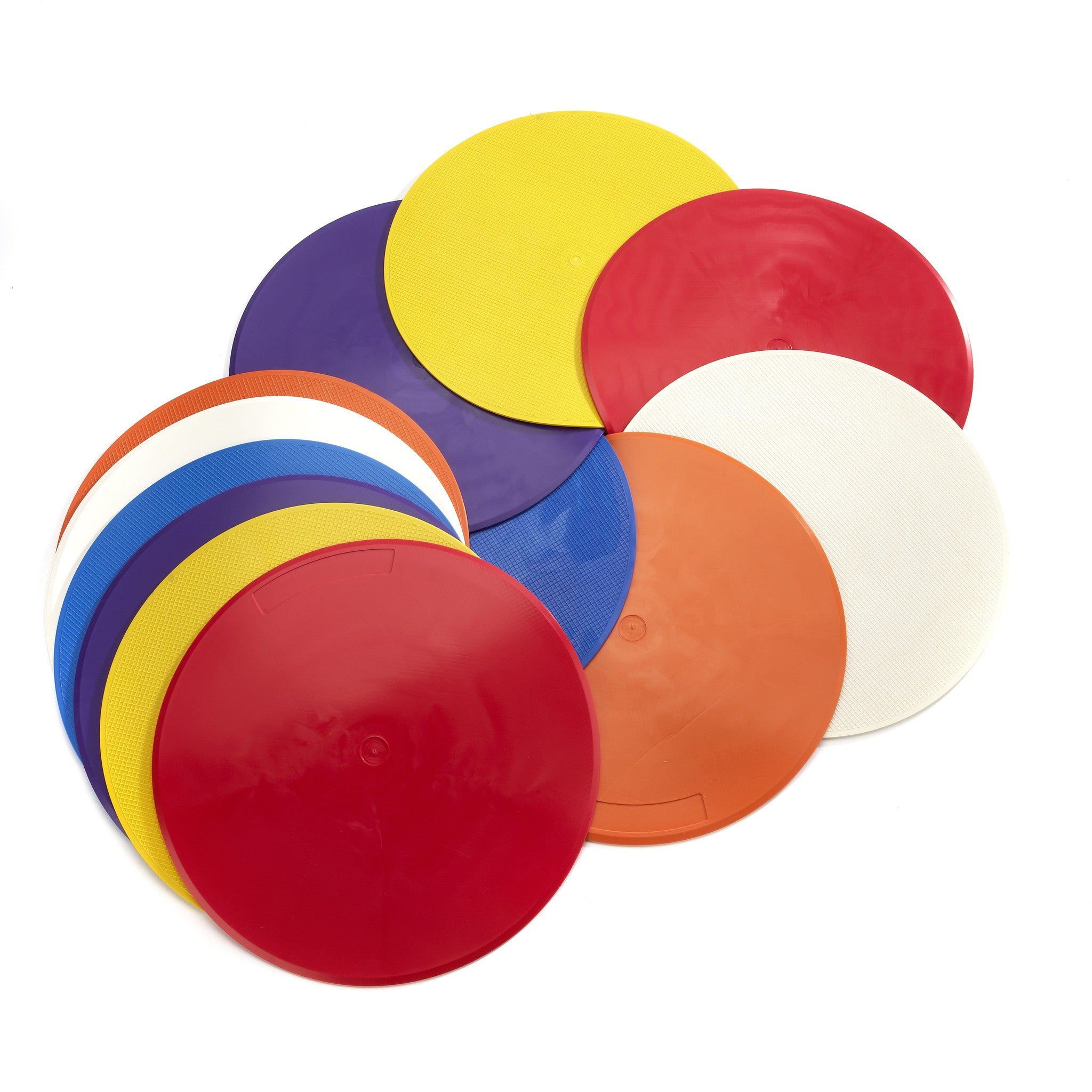 Flat disc markers make excellent safe tennis training aids for drills. Larger set of 12 Throw Down Spots.