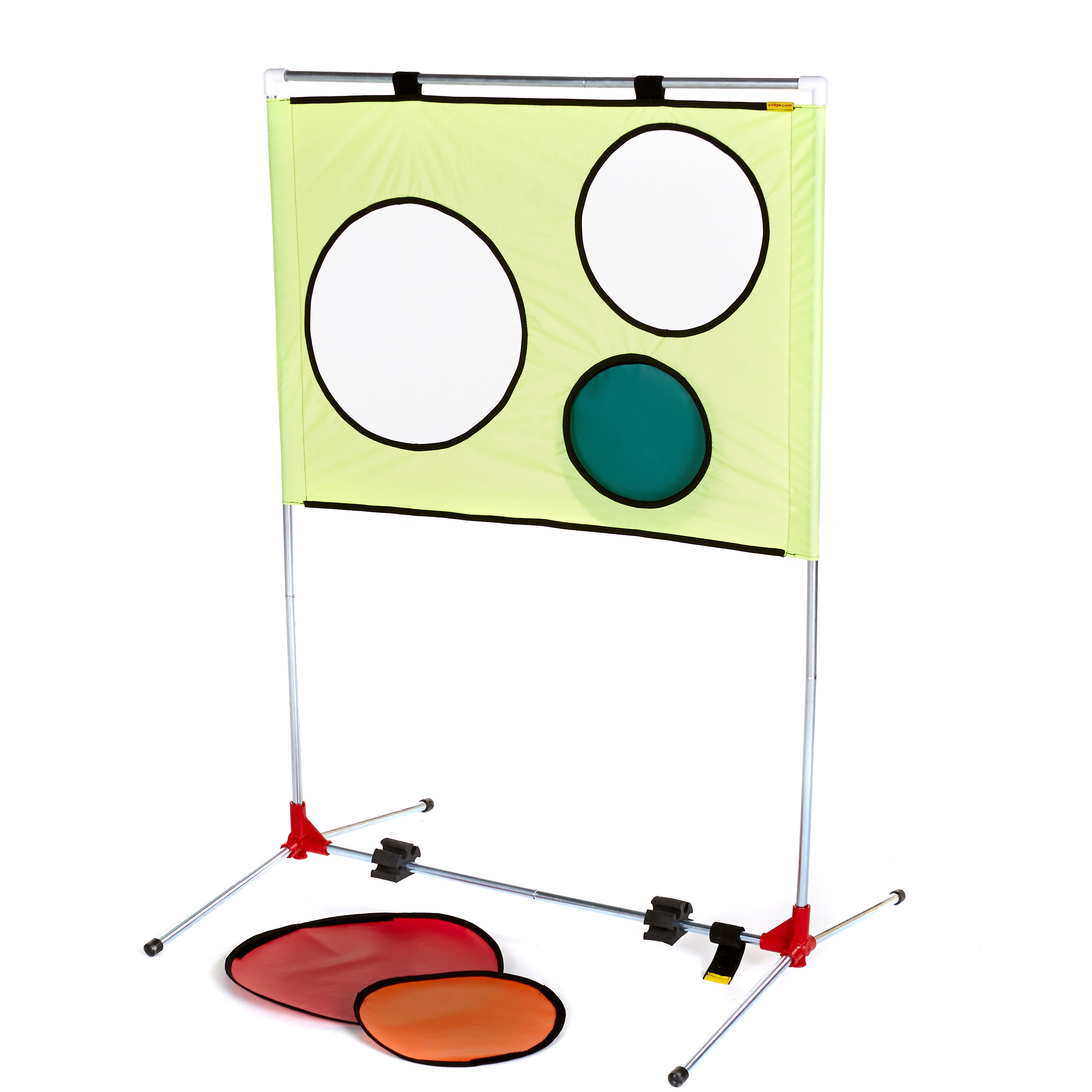 Tennis Coaching Aid. Portable frame with removable coloured spot targets.