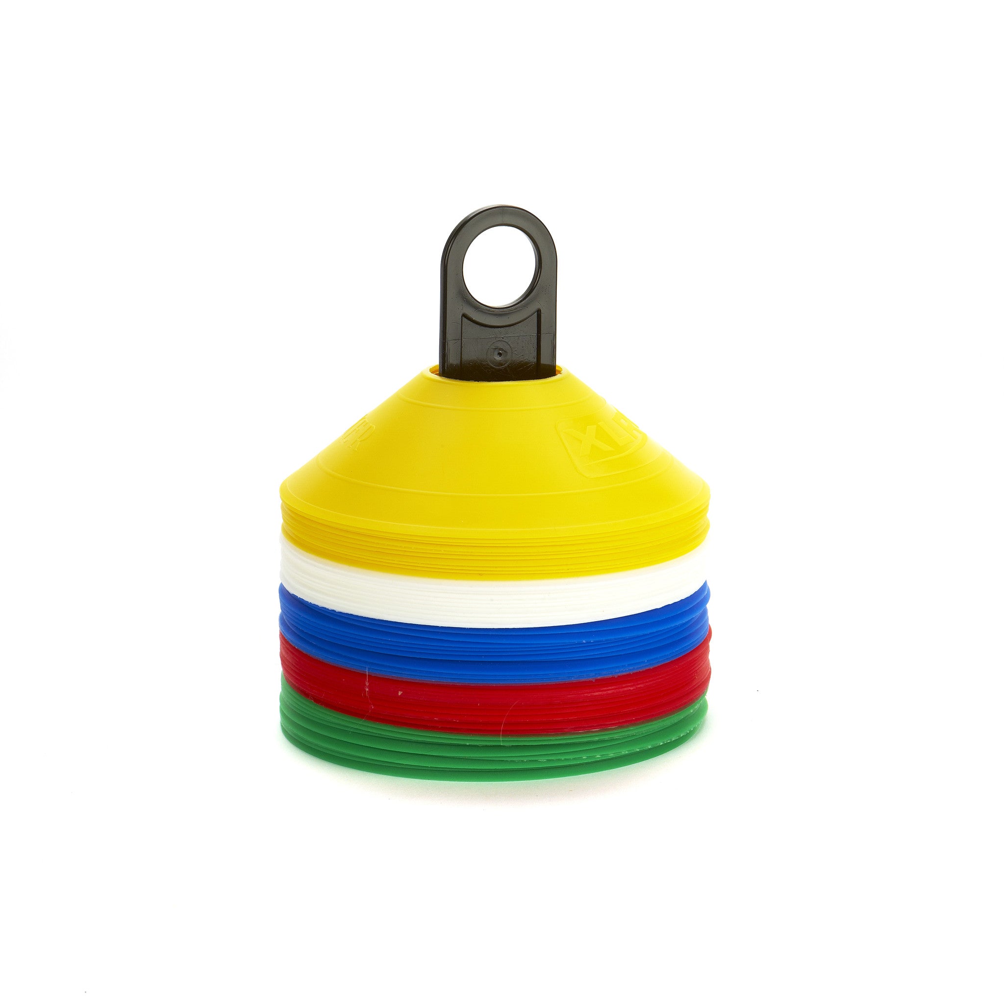 Tennis Safety Marker Cones. Bright colours, low profile, soft plastic, & 50 here on a handy carry pole.