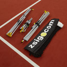 New full-size portable Zsignet 48 tennis net folded into compact bundles.