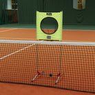 Zsig portable Target trainer in position behind a full-size tennis net.