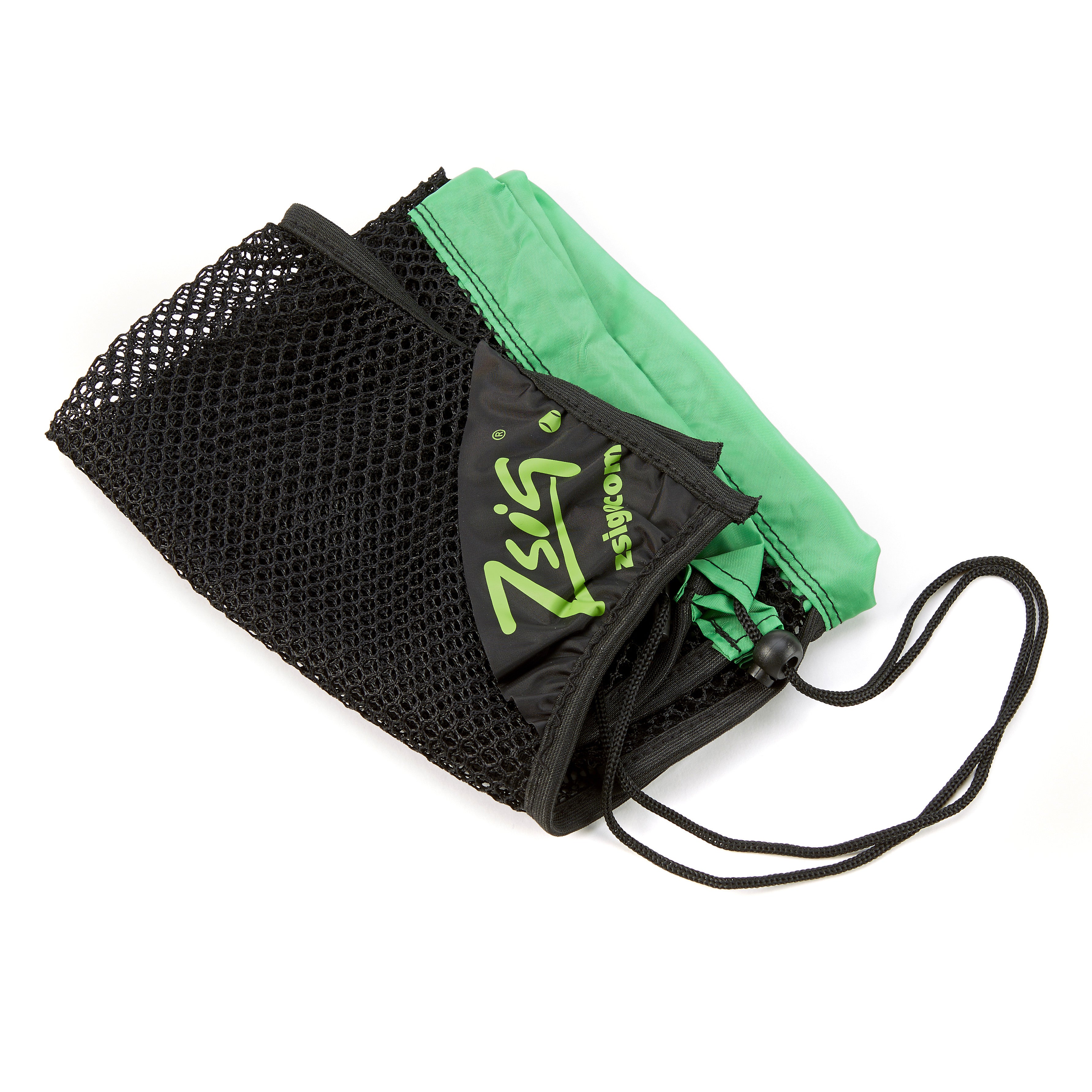 Tennis Ball 5-dozen ball drawstring carry bag. Green drawstring band.