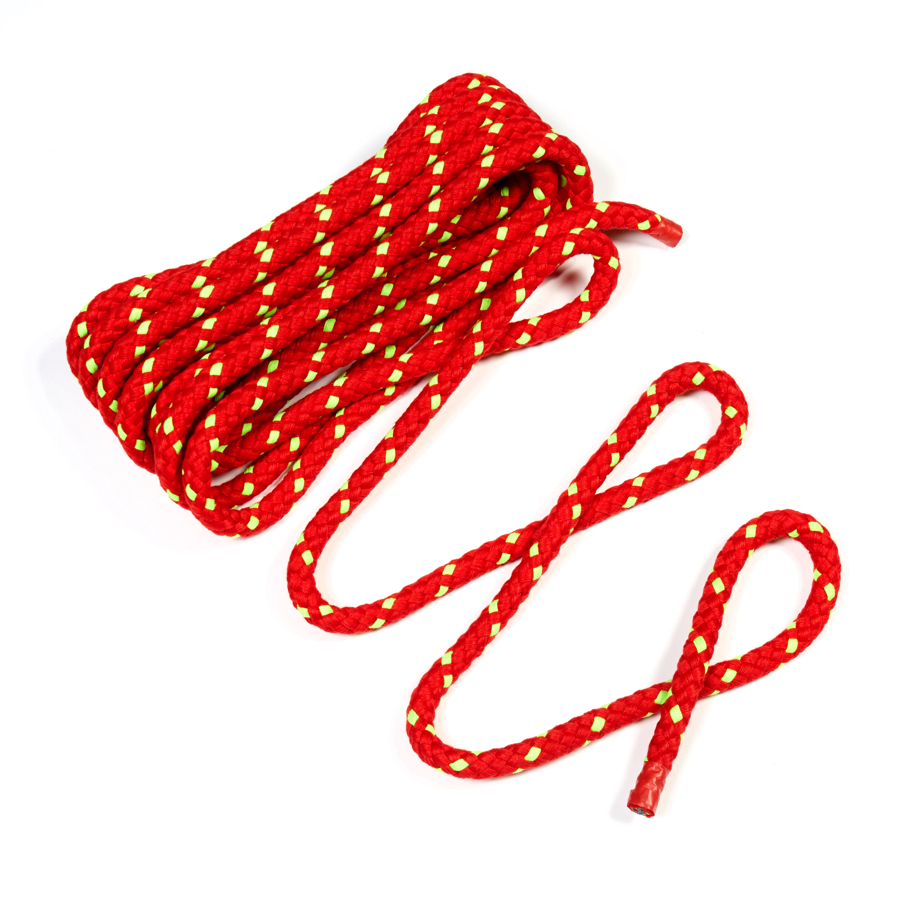 Bright red Junior Tug of War Rope, 8-braid with soft exterior, unfolded.