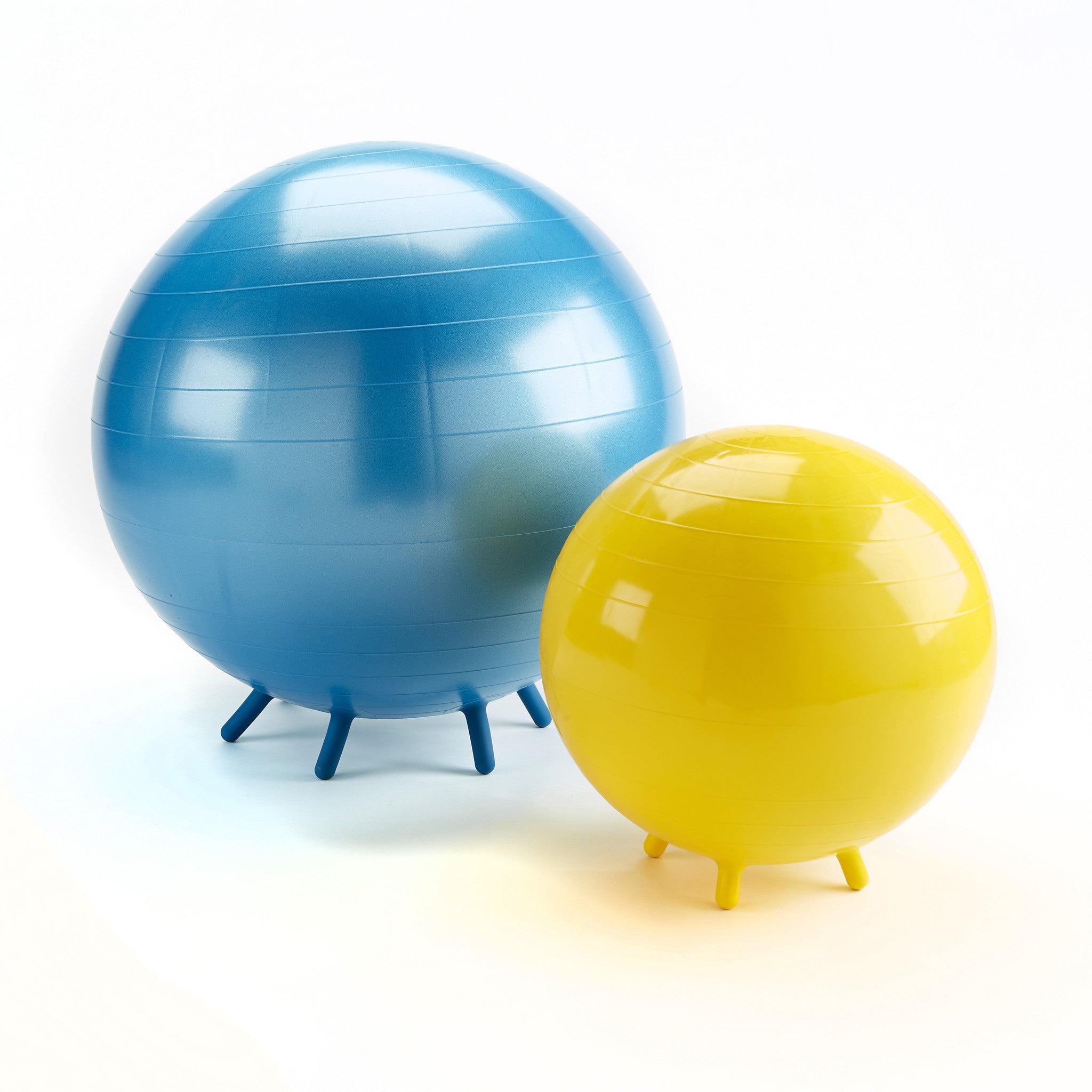 Fitness, balance & stability ball chairs, showing our blue Adult chair and yellow Junior models.