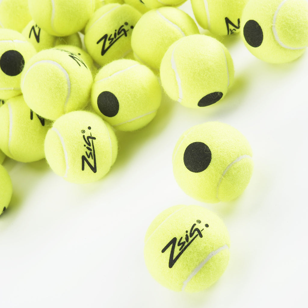 Tennis coaching balls which are pressureless but play like pressurised balls.Yellow with Black Dot cosmetics.