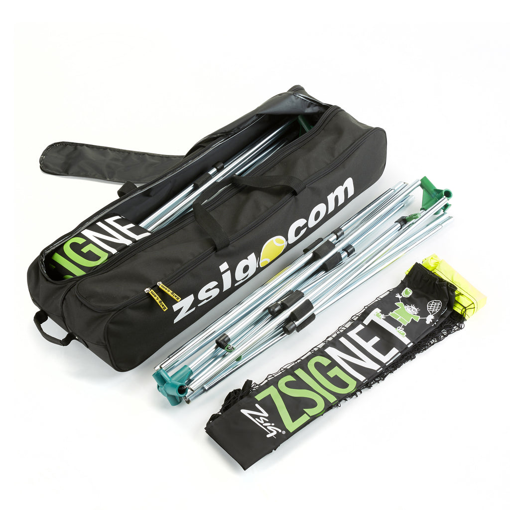New Zsig holdall for a pair of 6m Mini Tennis Nets, showing inside compartments & size compared to a folded frame