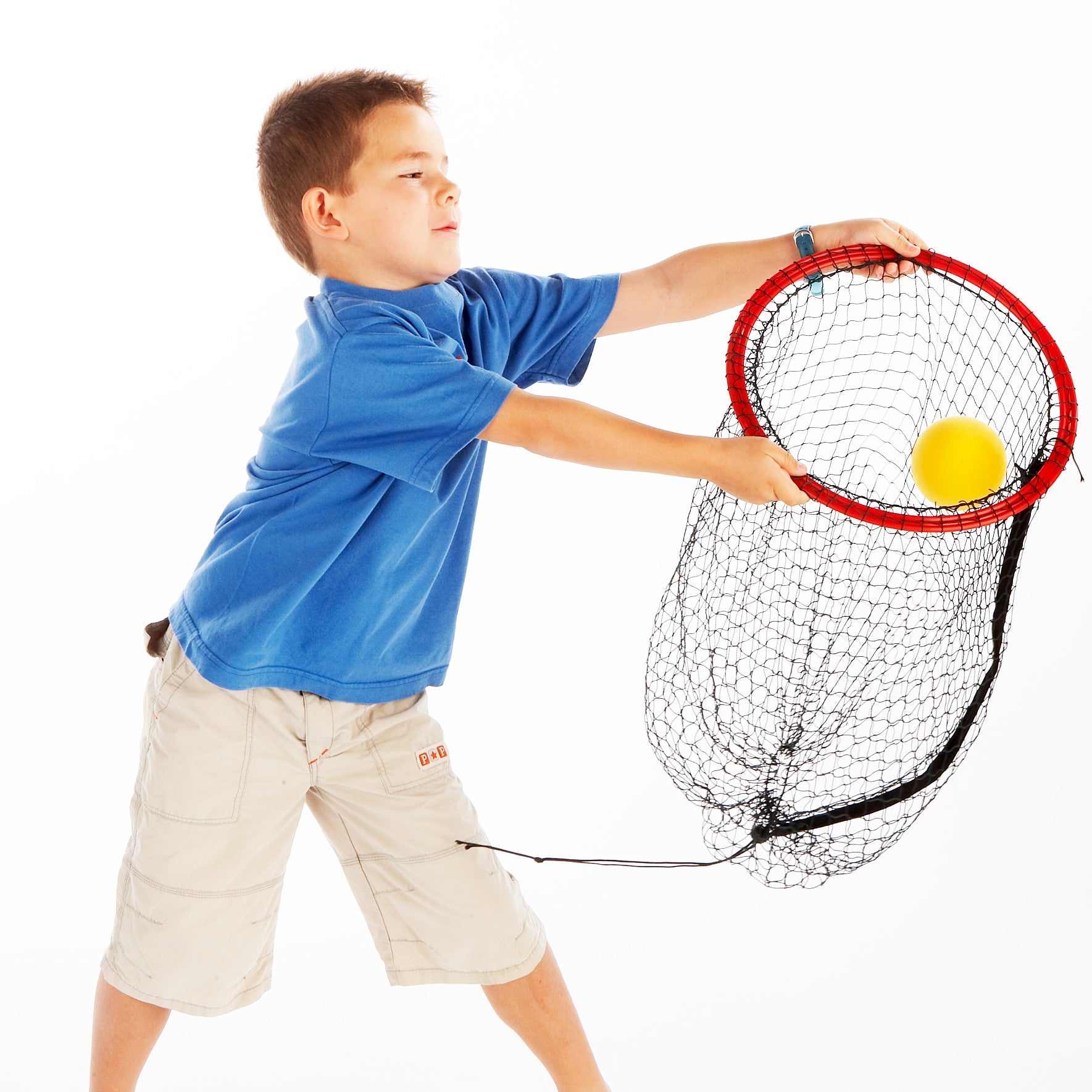 Owen catching a sponge ball in his 'fishing net', or Easy Catch Net.