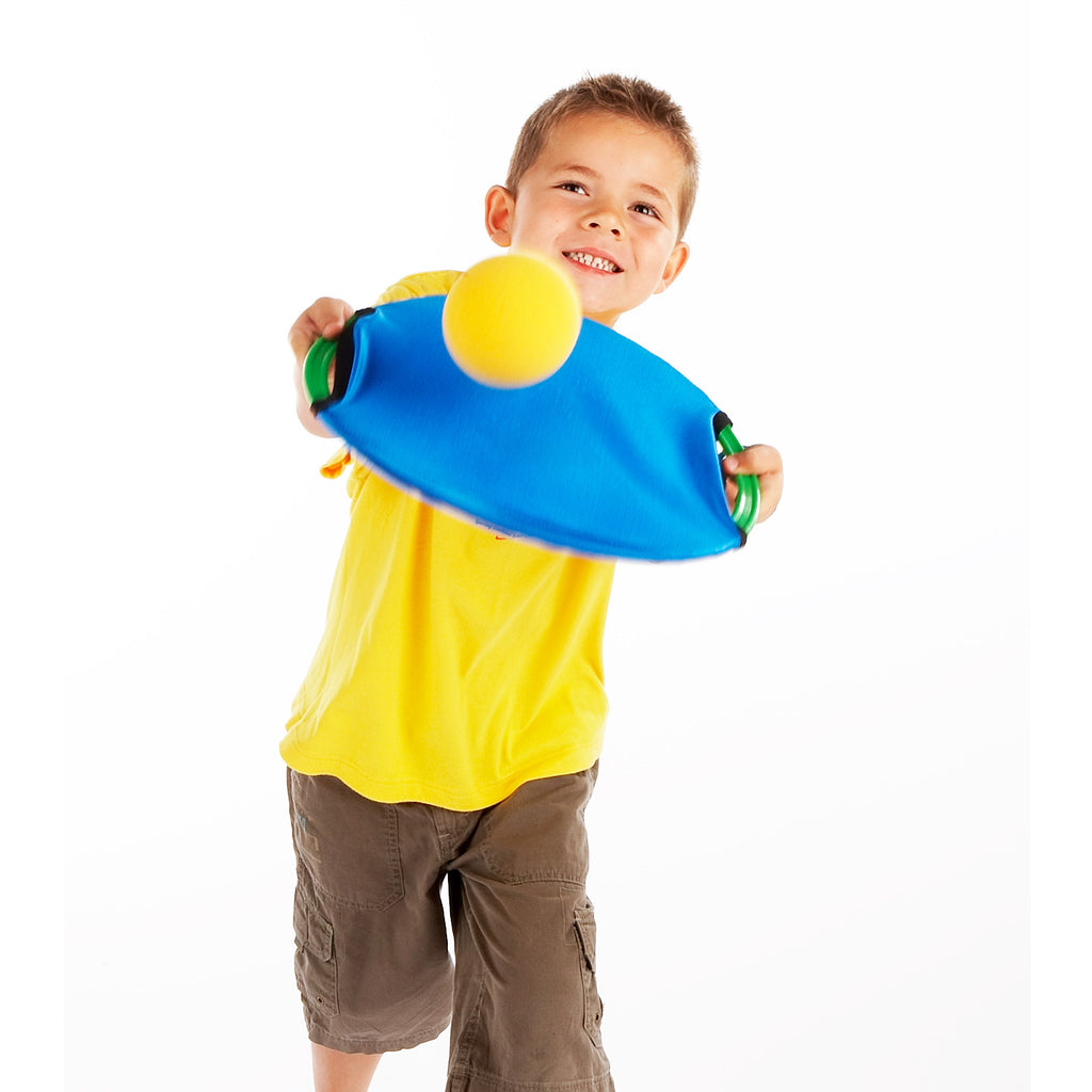 Volleying a sponge ball using the harder side of the Easy Catch Happy Face. Early Years ball Skills training.