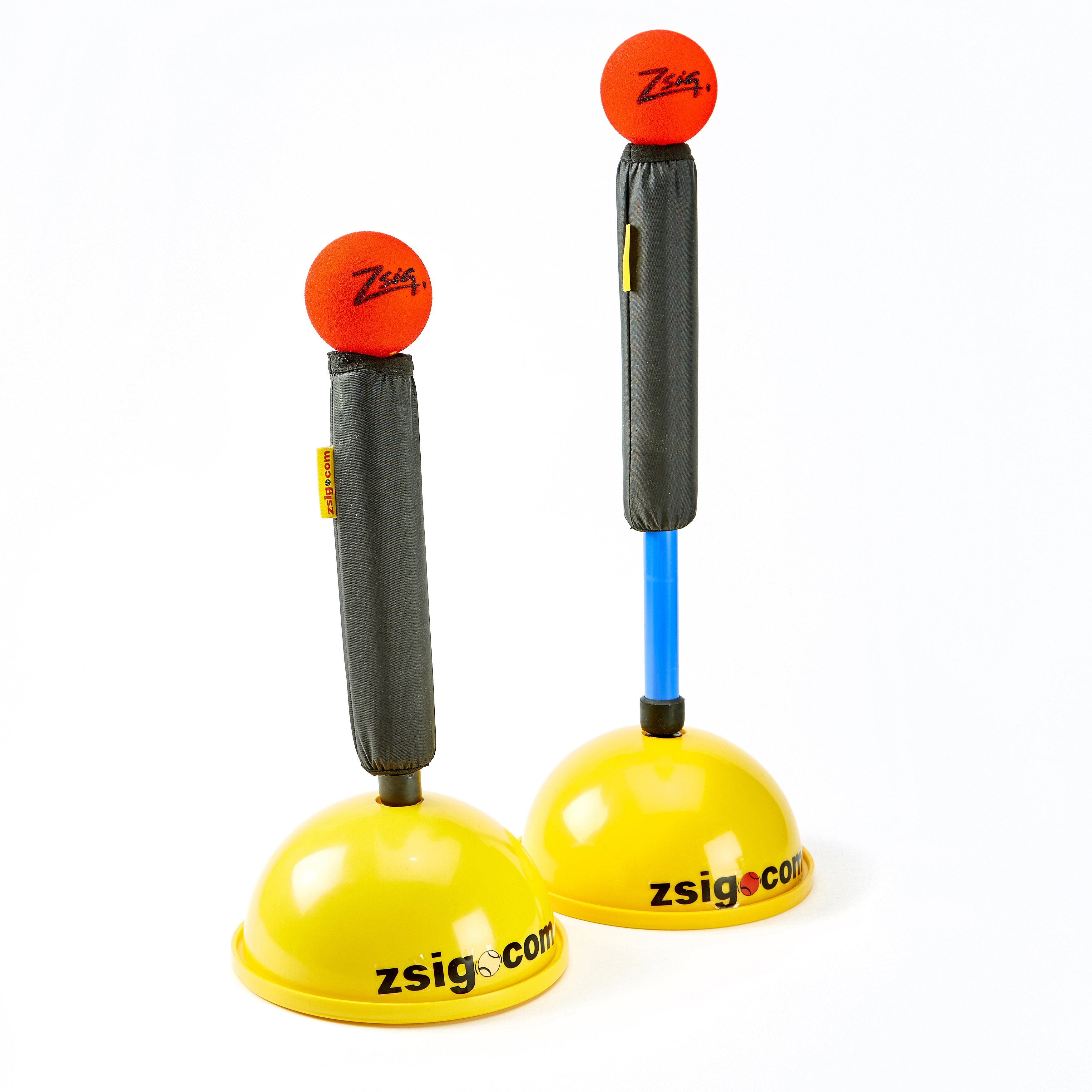 ZSIG Bounce Back Hitting Tee with sponge balls in position. One raised, one at lower height.