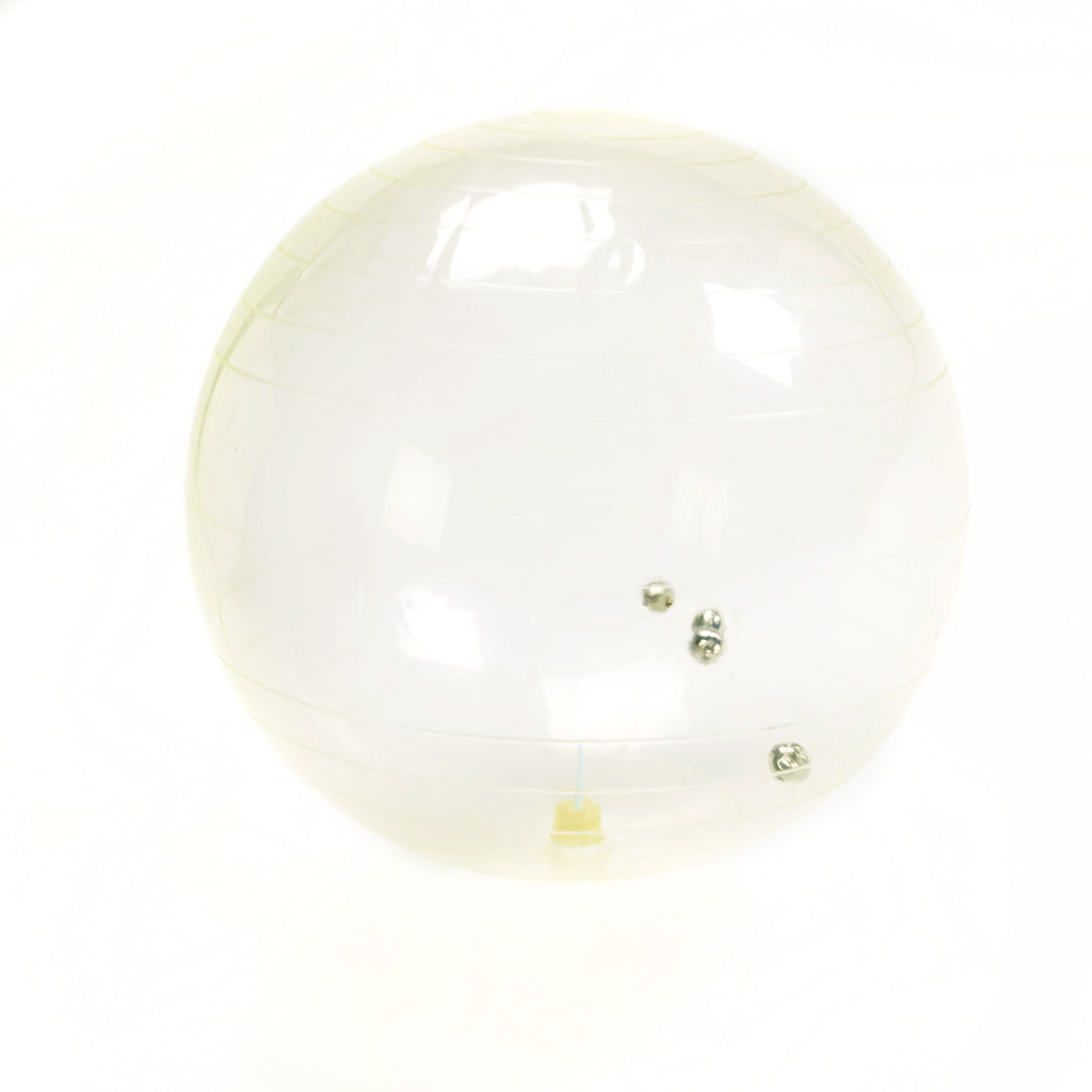 Large-sized, transparent ball containing small bells, which jingle as the ball bounces or is thrown.