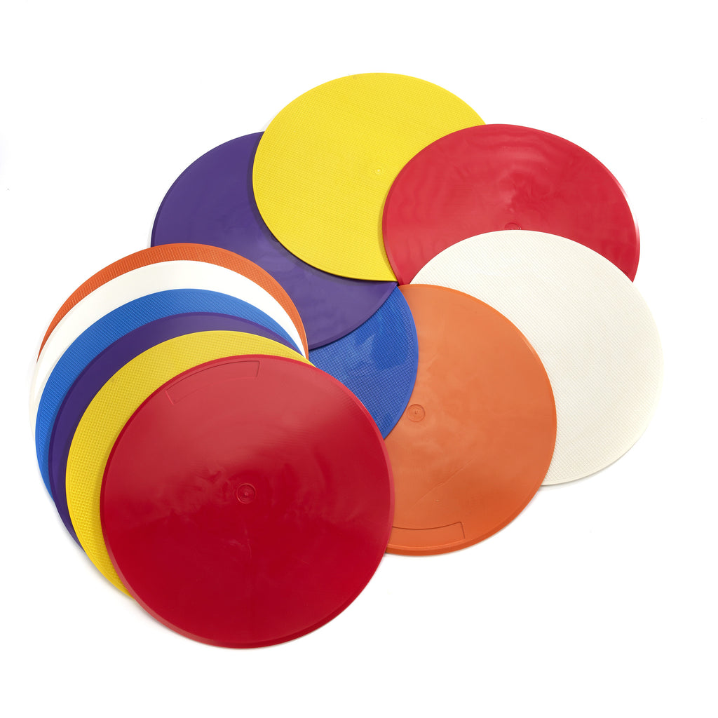 Flat disc markers set of 12 Throw Down Spots. Bright colours, great quality, made in the UK.