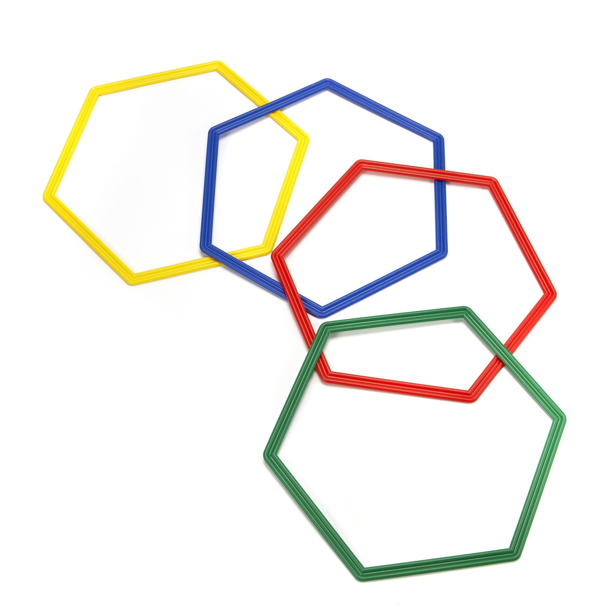 Four flat hexagon-shaped hoops. Hexahoops in blue, red, yellow and green.