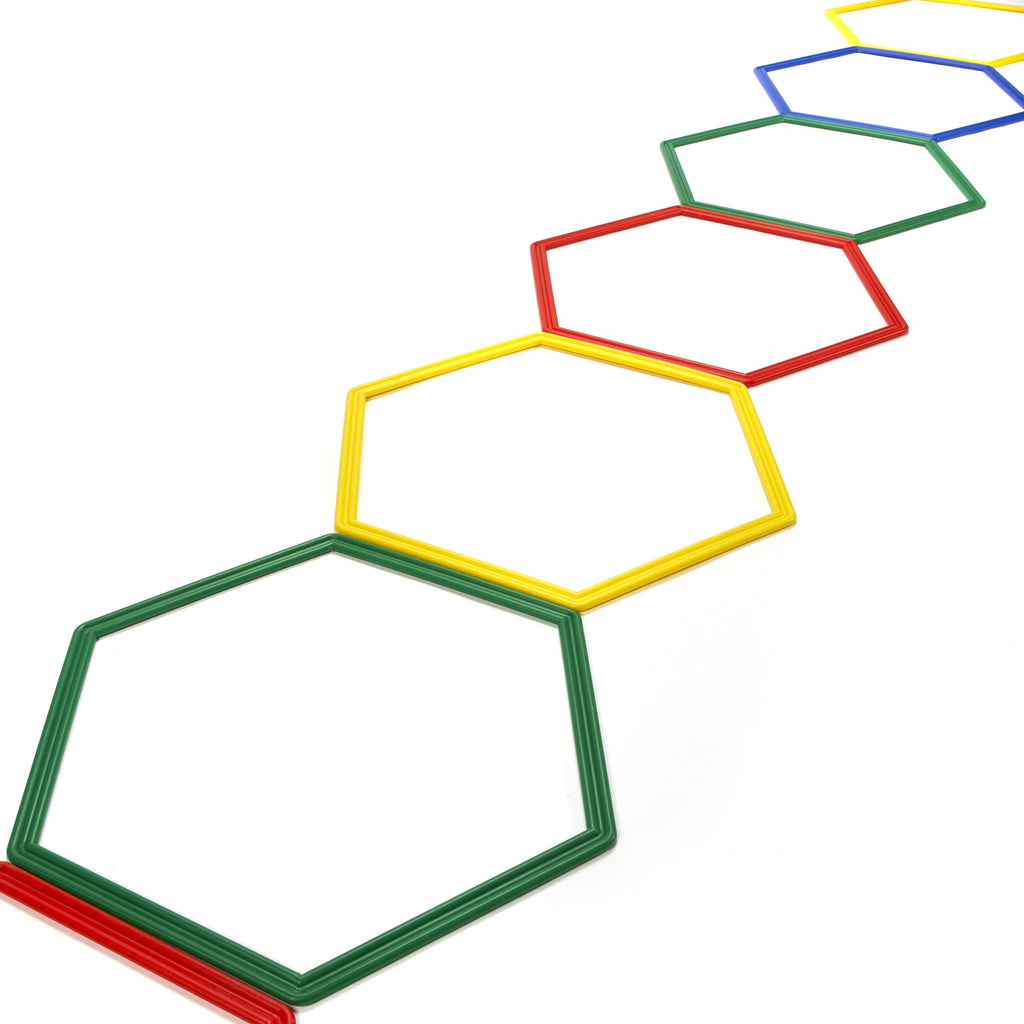 Agility Ladder made from brightly coloured hexagon-shaped flat hoops.