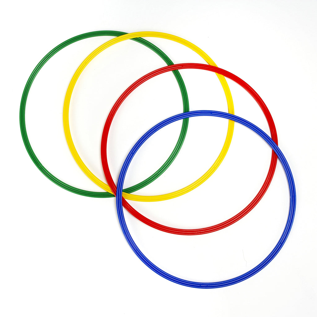 Four large size 50cm flat sports hoops in blue, red, yellow & green.