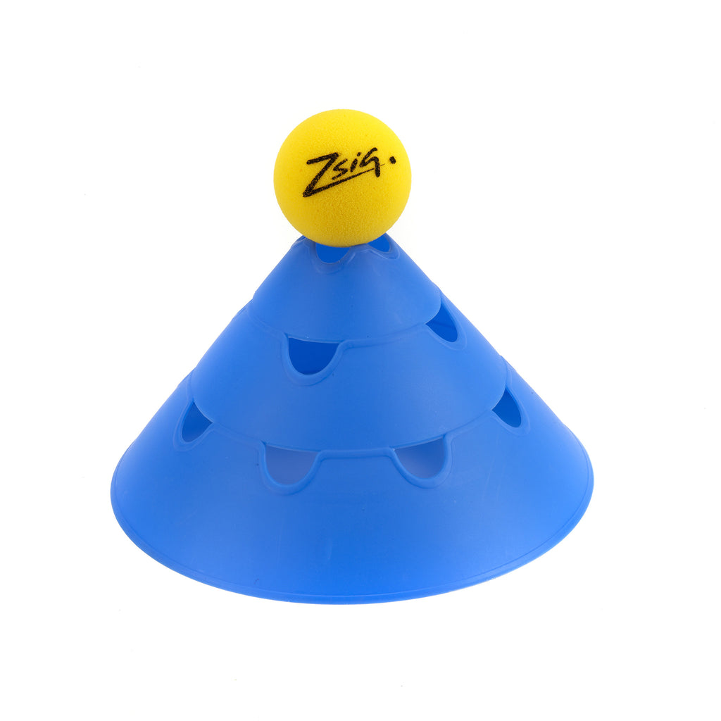 Pop a ball on top of a Giant Sports Marker Cone for retrieval drills. Blue Giant Conem with yellow sponge ball placed on top.