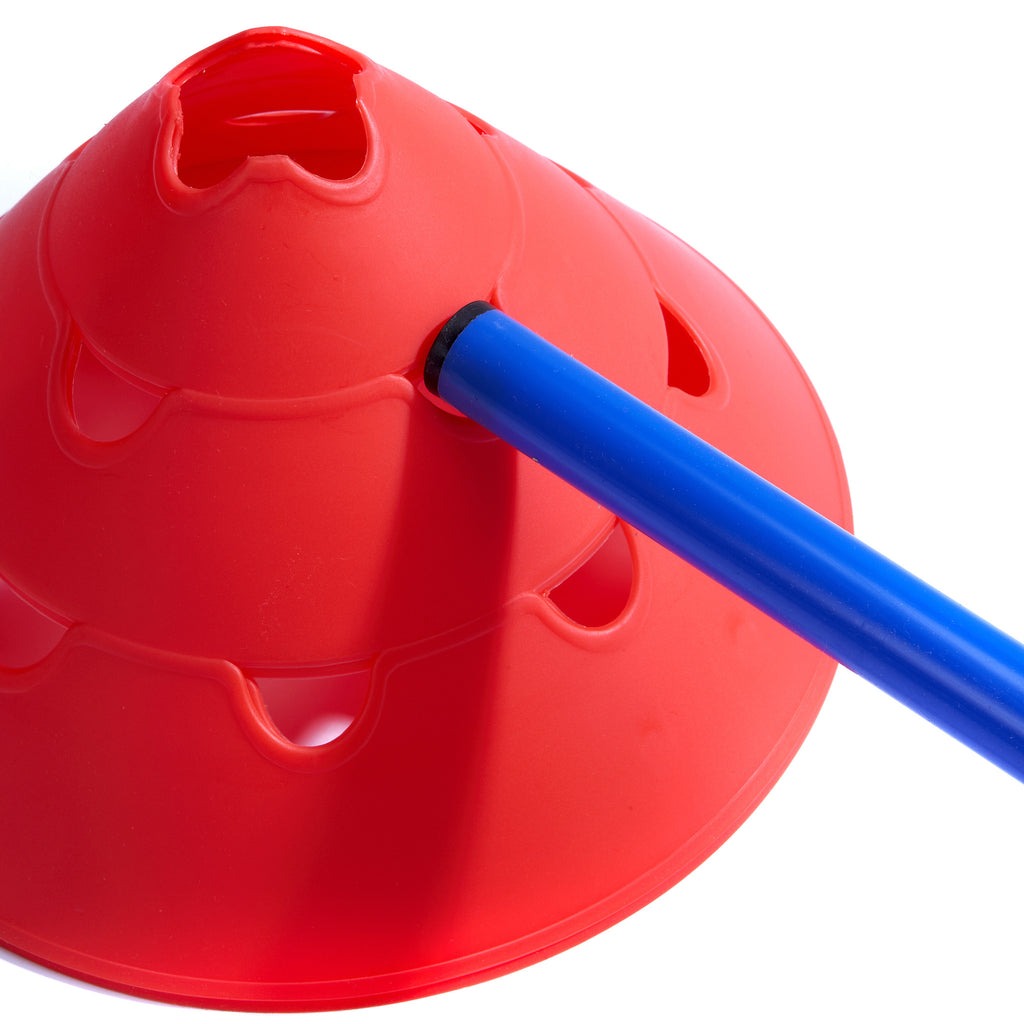 Giant Sports Marker Cones have vertical support holes which give you options to create hurdles. Red cone, with a blue pole in a vertical slot