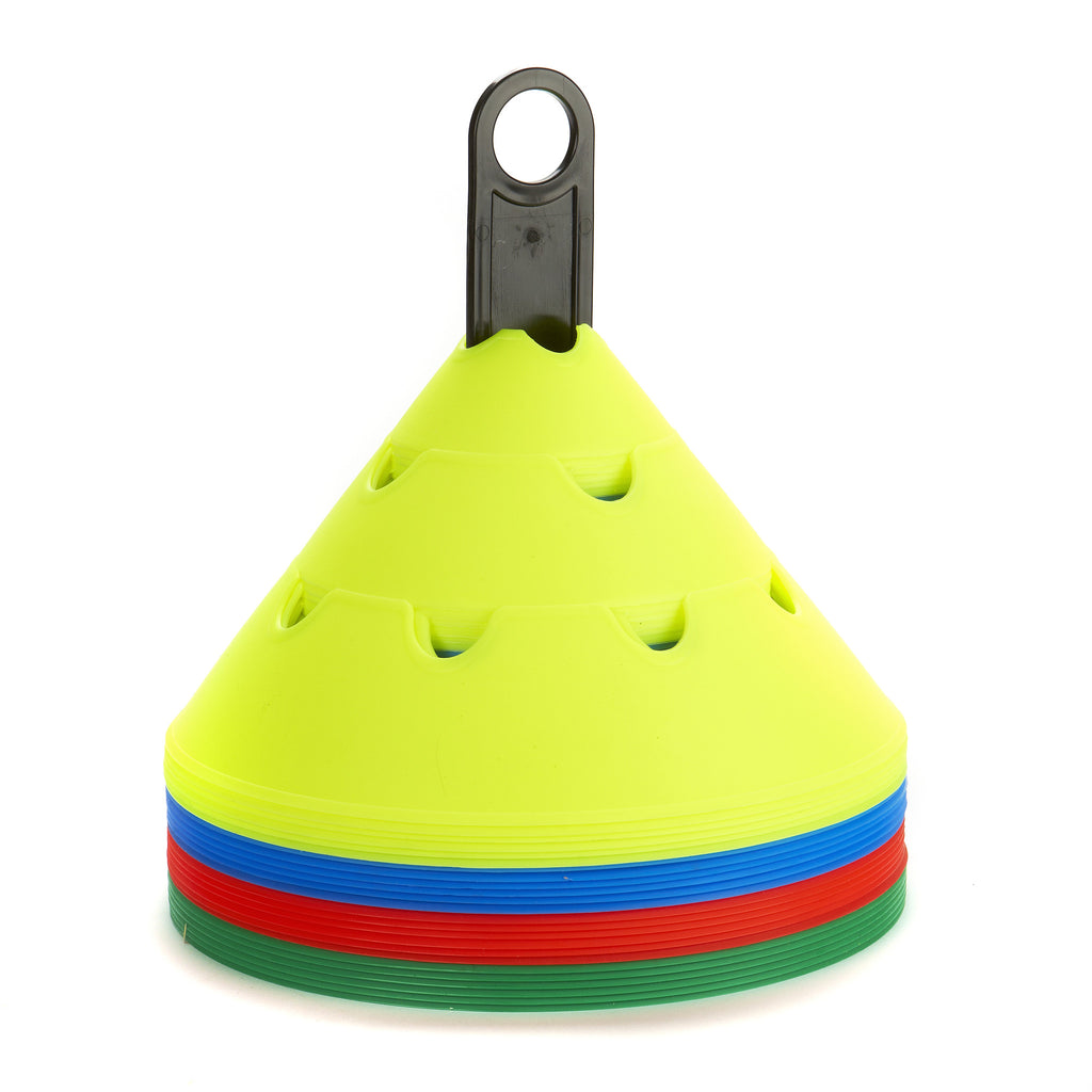 Larger set of 24 Giant Sports Marker Cones on a support pole. Bright yellow, blue, red and green.