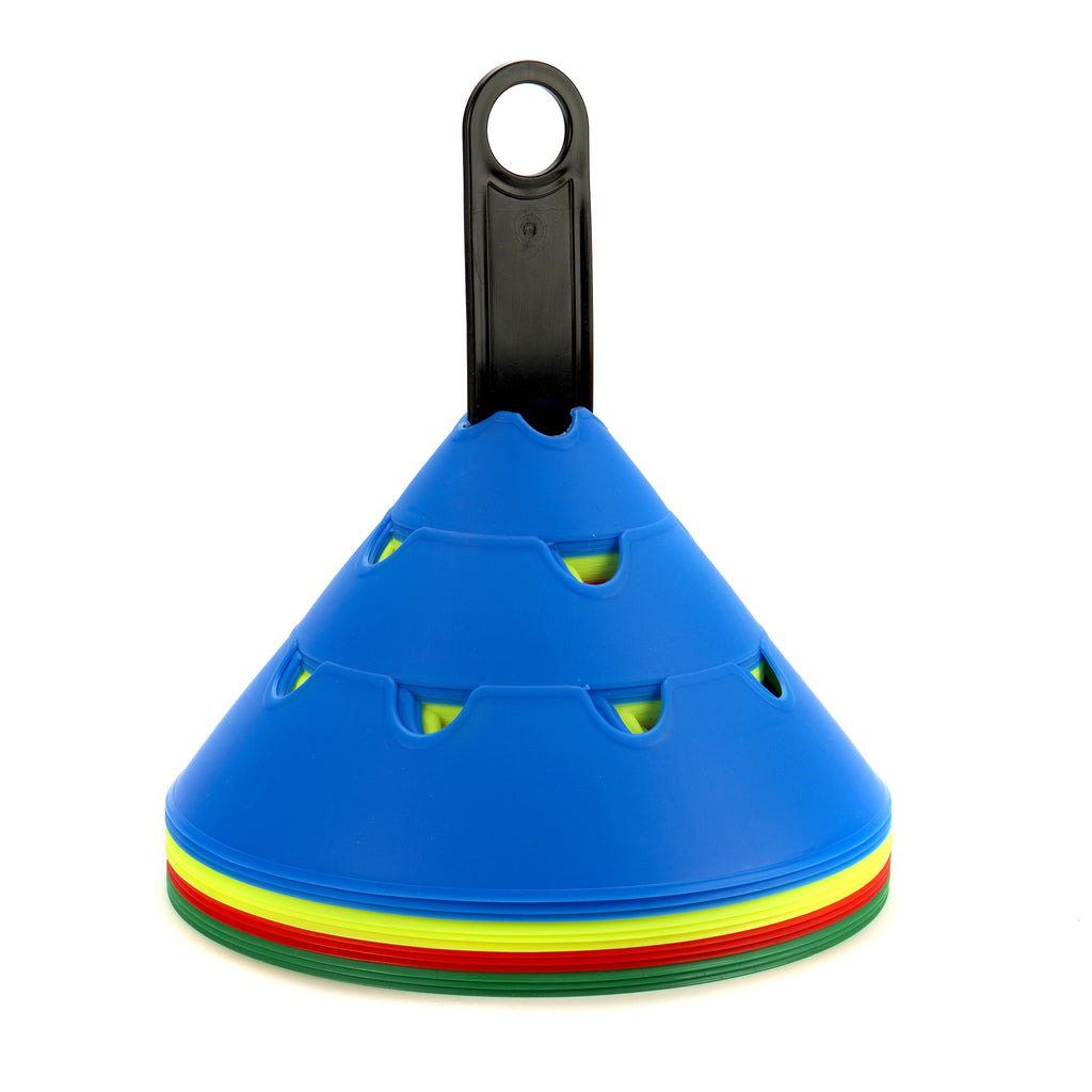 Giant Sports Marker Cones with side & top support holes. Bright colours. Set of 12 on a support pole.