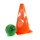 Single orange collapsible sports marker cone, next to a bright green Protex 9 sponge ball.