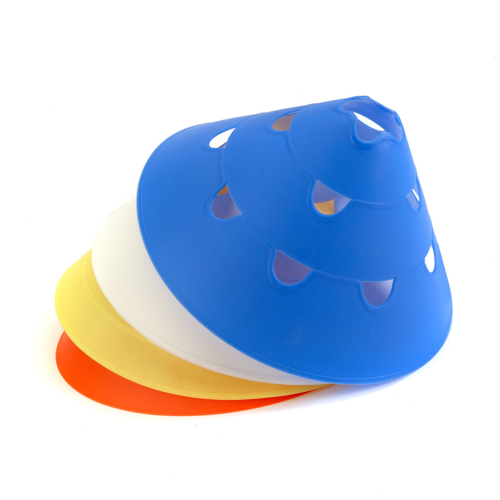 Giant Sports Marker Cones have horizontal & vertical support holes for creative coaching drills. Four cones in blue, white, yellow, red.