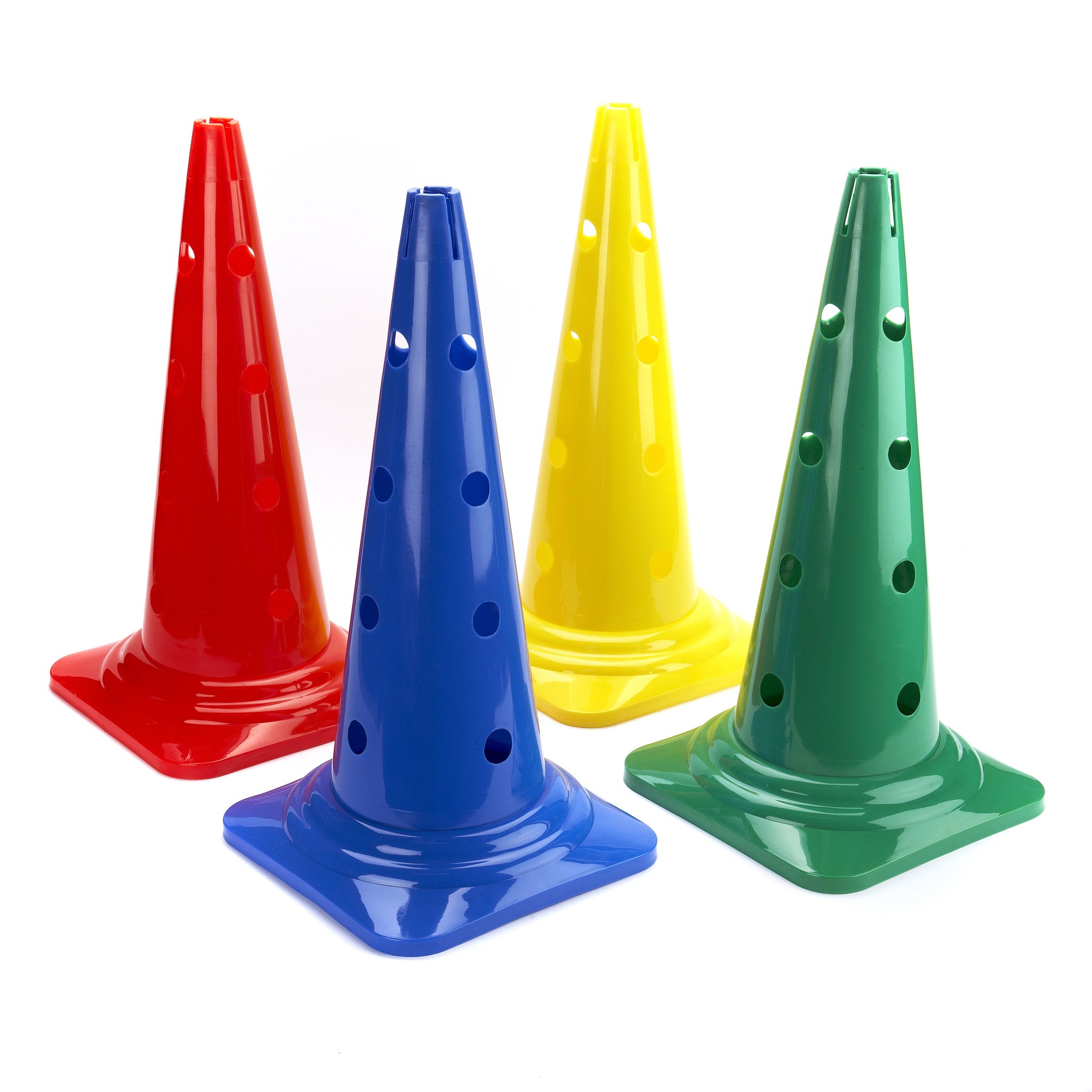 4 sports marker cones in blue, yellow, red & green. 50 cm tall rigid plastic with four parallel support holes for vertical poles per hoop, & groove at the top to place a ball for drills.