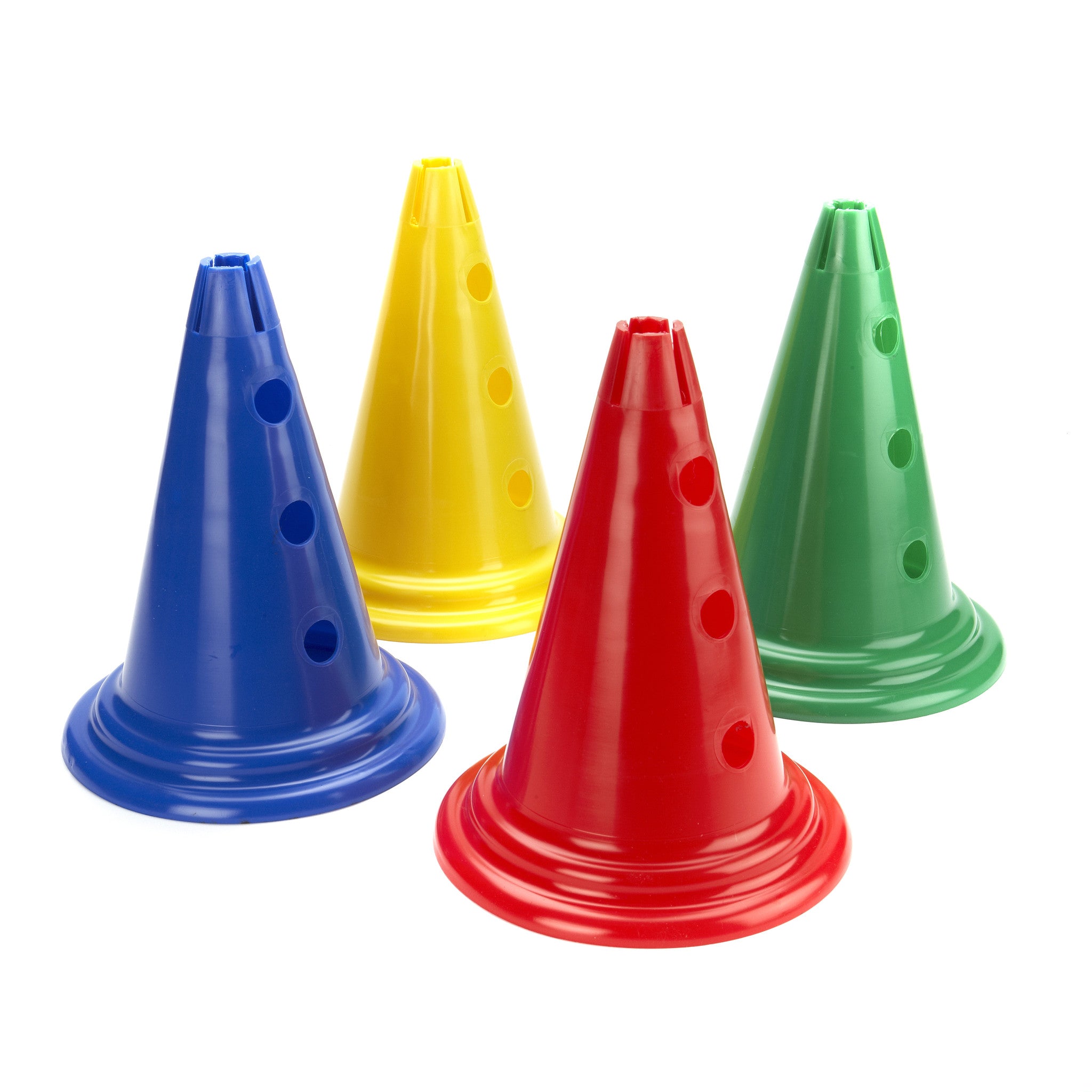 Four small sports cone markers. Use with poles to create hurdles.