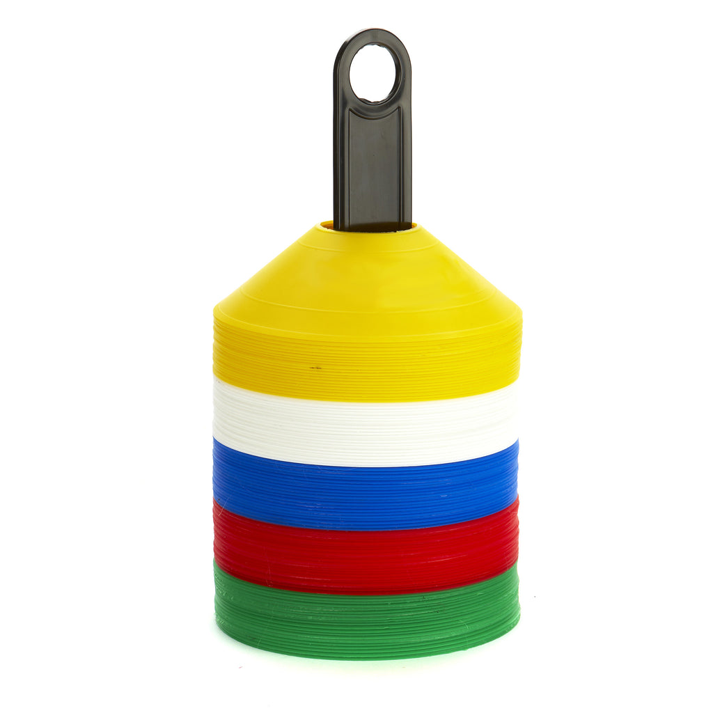 Best-selling Marker Cones for Tennis Coaching.100 soft, safe, colourful Sports Markers on a handy carry pole. Bright yellow, white, blue, red & green markers.