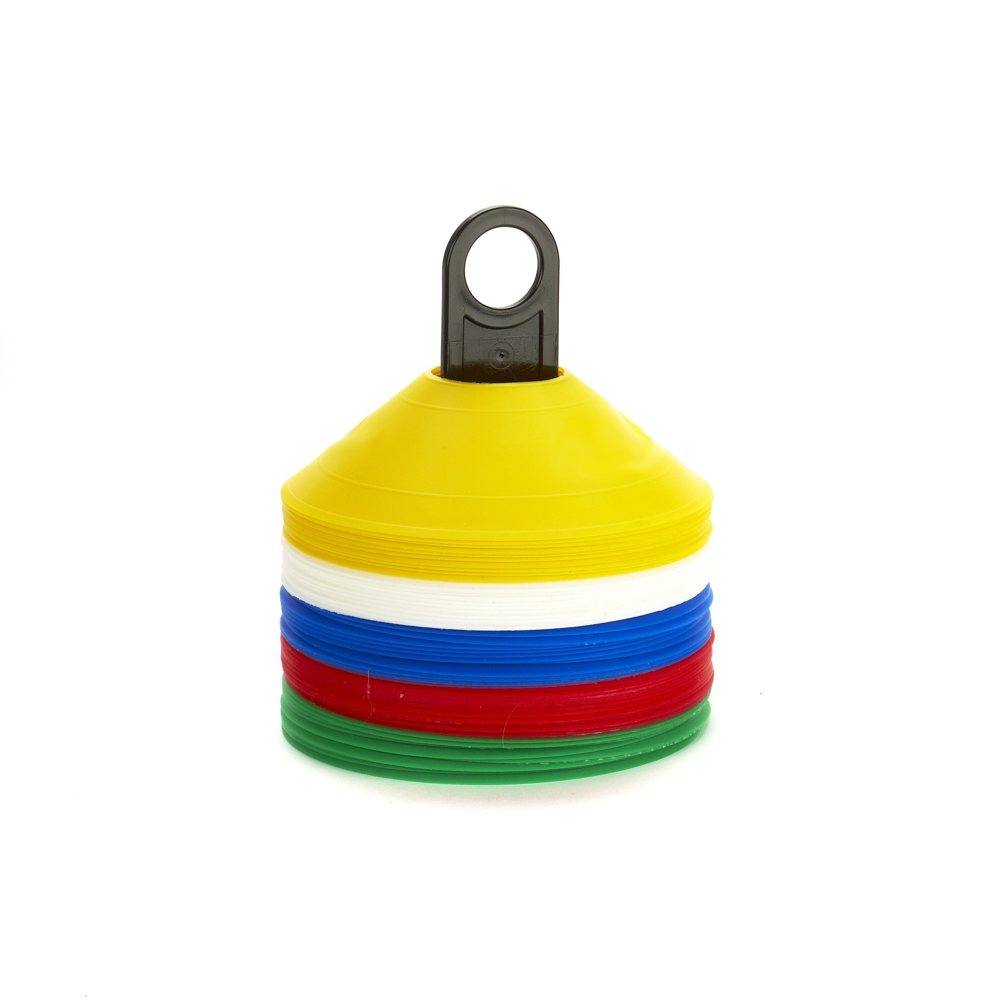 Tennis Coaches' favourite. Soft, safe, colourful Sports Markers. Set of 50 red, green, blue, yellow & white markers on a carry pole.