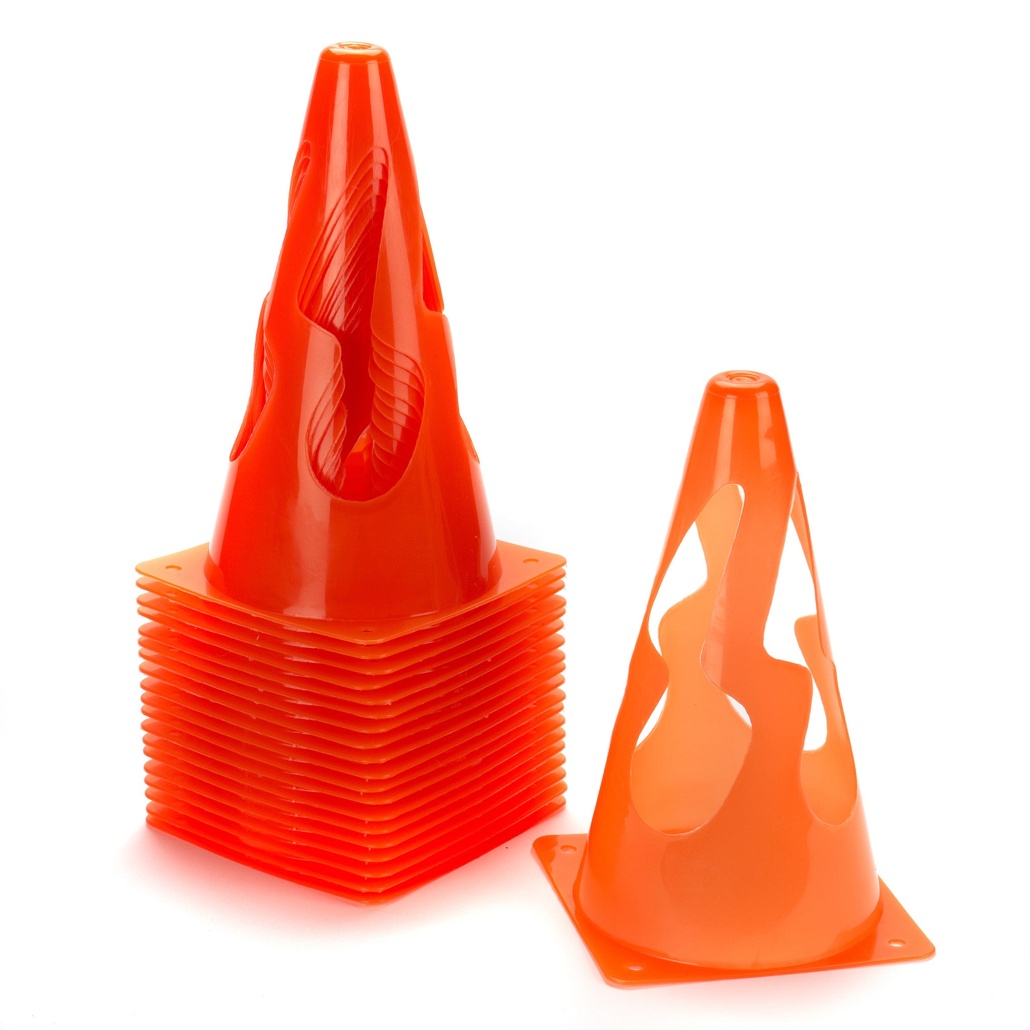 Set of 20 sports marker cones which collapse when trodden on making a safe option for children's classes.