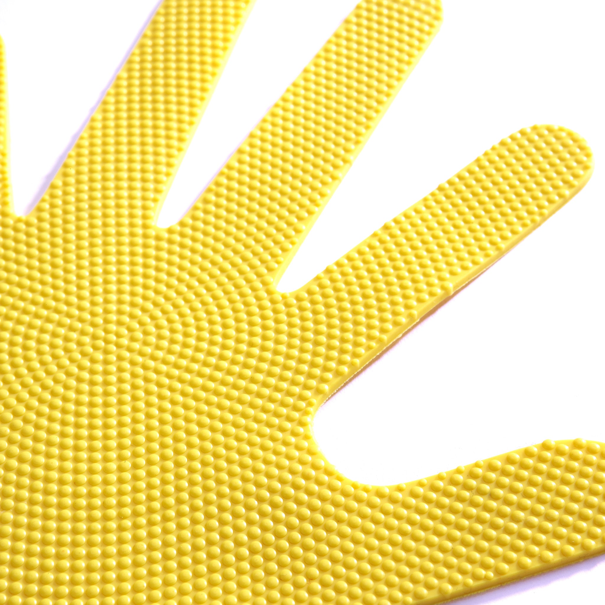Early Years flat sports marker. Little yellow hand shape, showing textured non-slip underside.