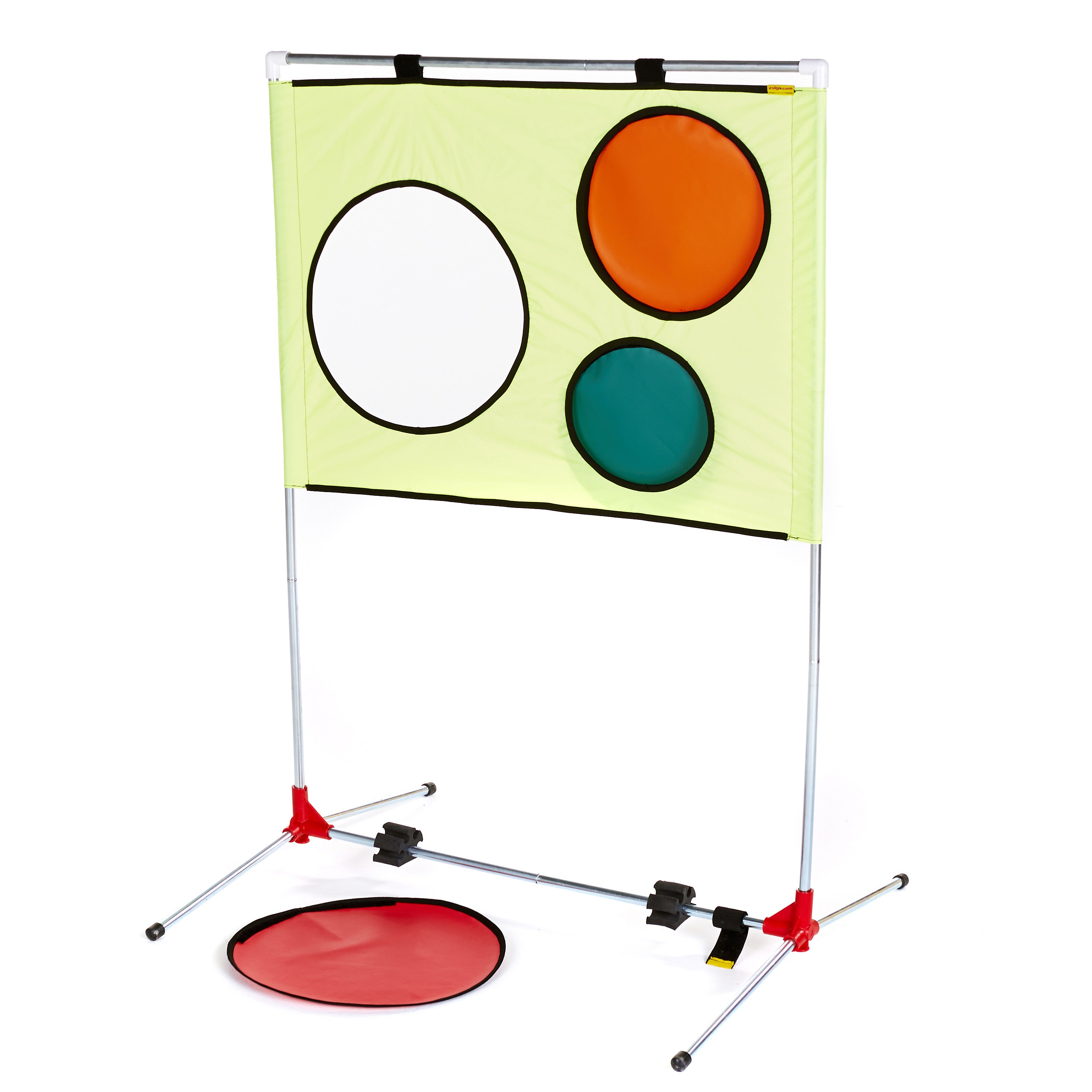 Tennis Coaching Aid. Portable frame with removable coloured spot targets.