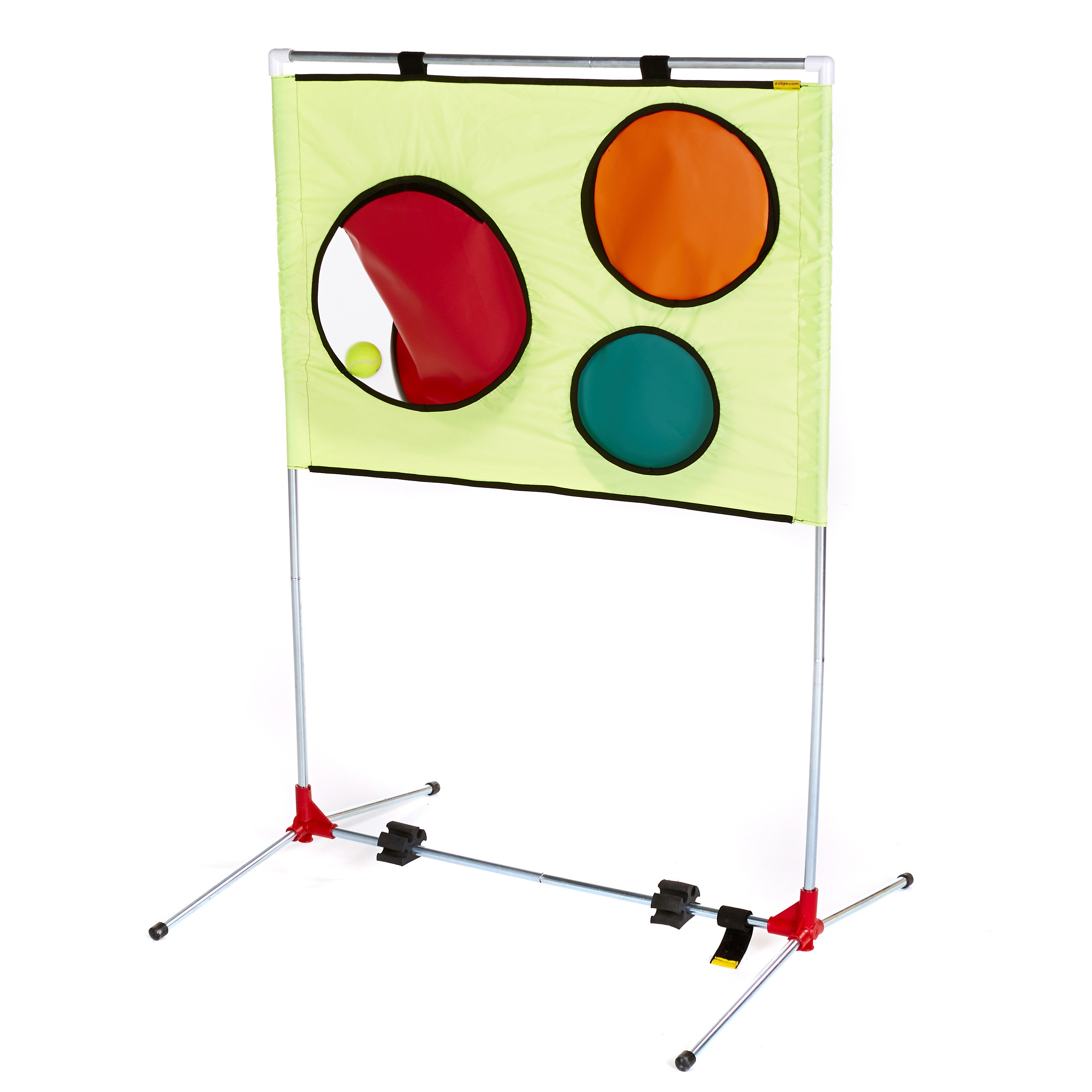 Tennis Coaching Aid. Portable frame with removable coloured spot targets.