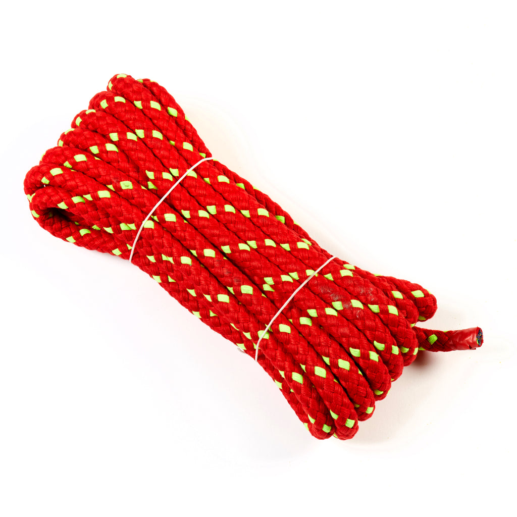 Bright red Junior Tug of War Rope, 8-braid with soft exterior, folded.