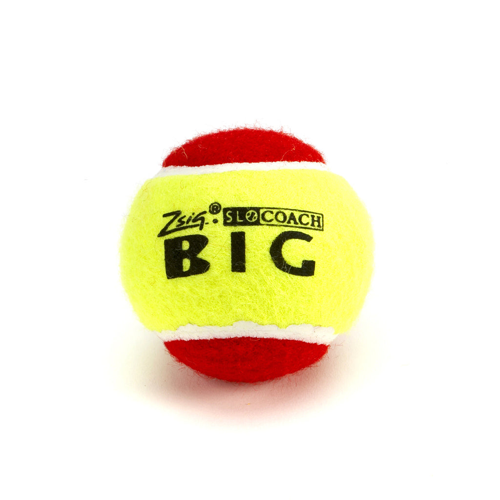 Red large sized Mini Tennis Ball SLOcoach Big Red. Slower and lower bounce for young children.