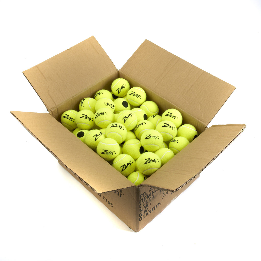 Training Tennis Balls. 10 dozen Zsig Black Dot yellow tennis balls.