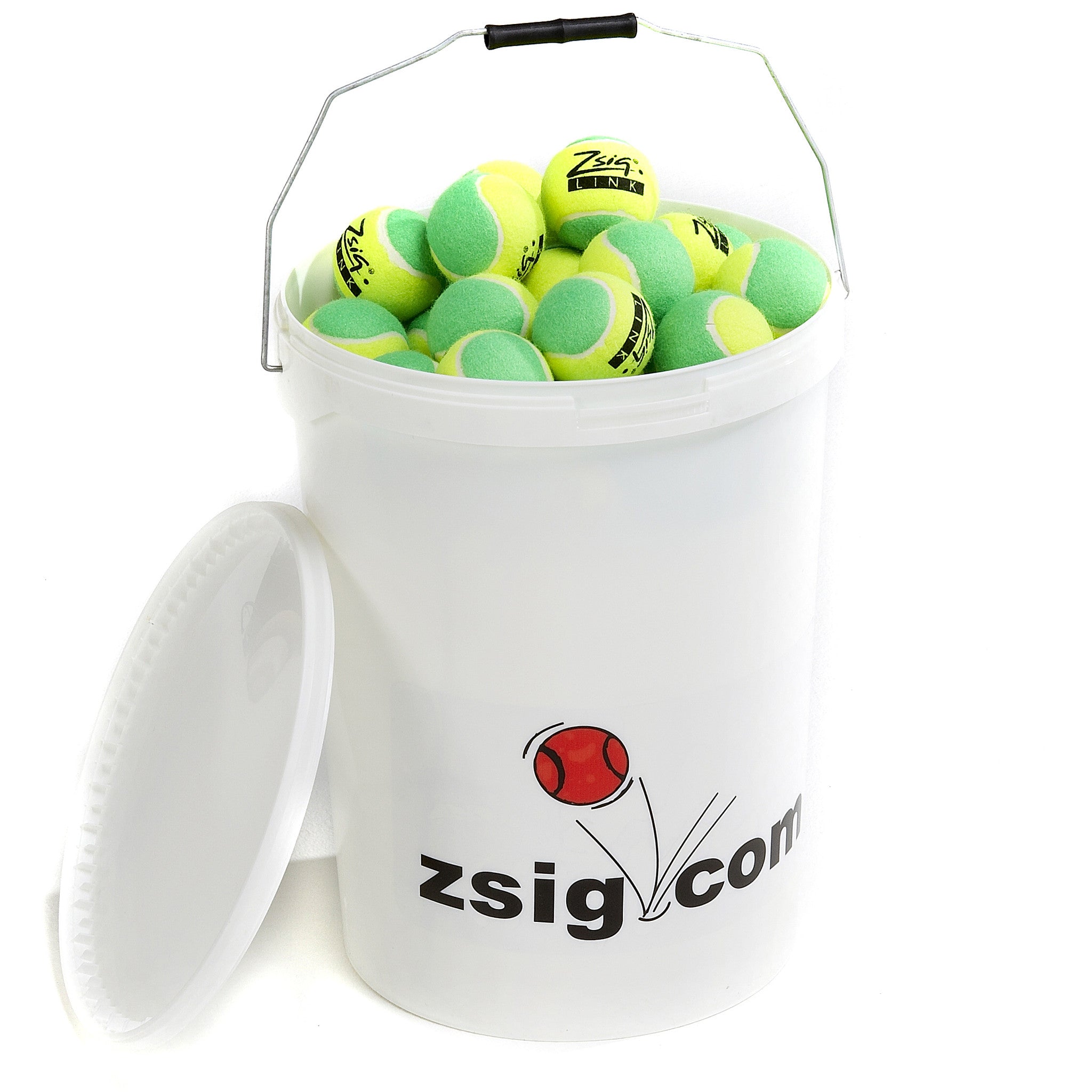 Green Mini Tennis Balls. A bucket of 8 dozen Zsig Link Green Balls.