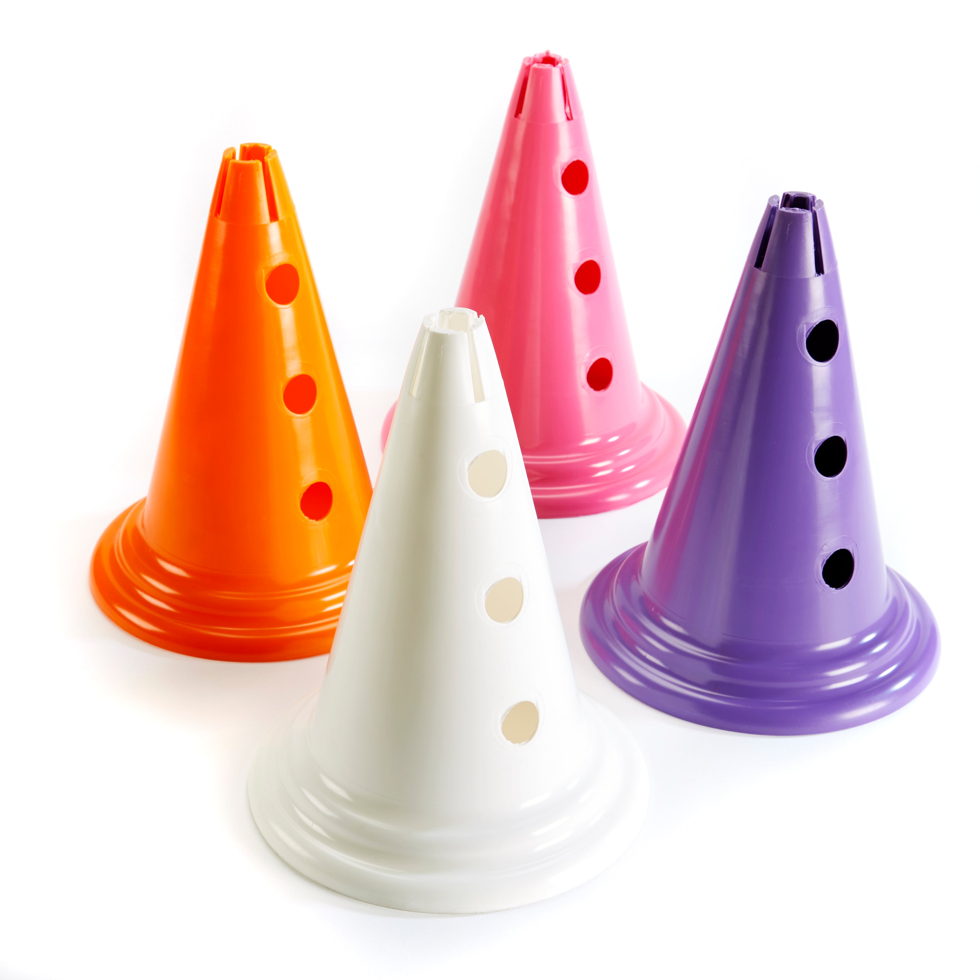 30cm marker cones with three holes to support poles, in a set of four - pink, orange, purple and white