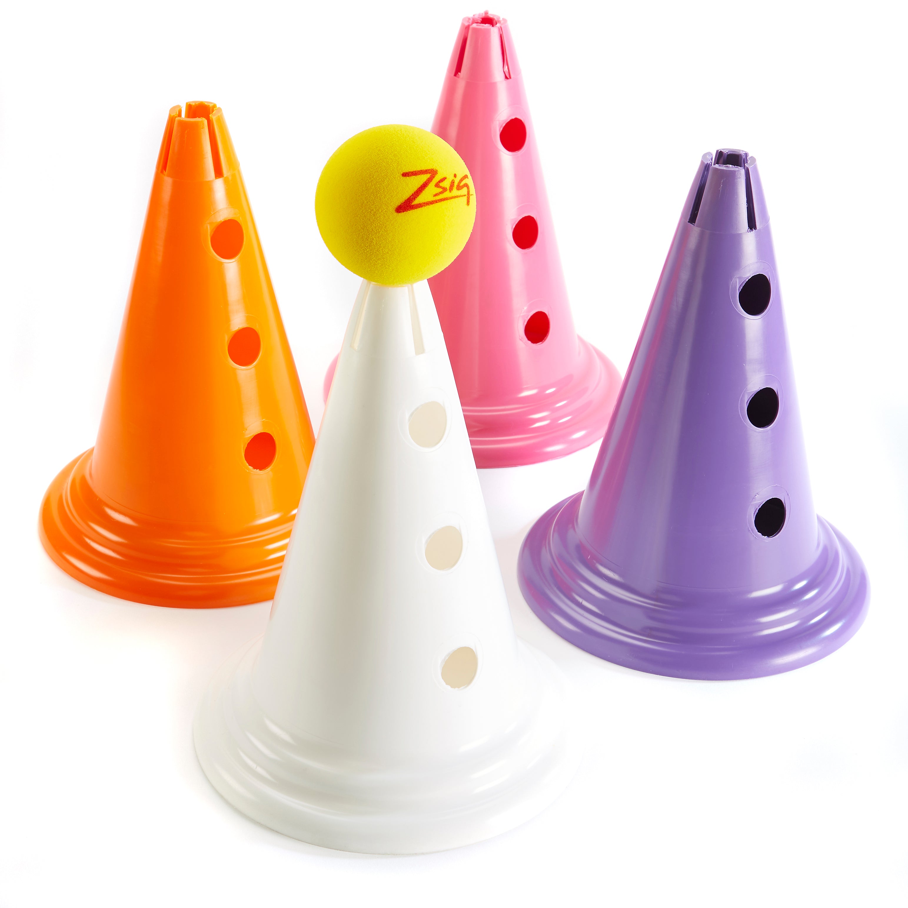 4 Mini Cones in pink, purple, orange and white, each with 3 support holes for horizontal poles, and top hole to hold a vertical pole - or a tennis ball.