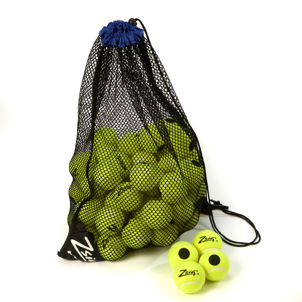 Training Tennis Balls. 5 dozen Zsig Black Dot yellow balls in a carry bag.