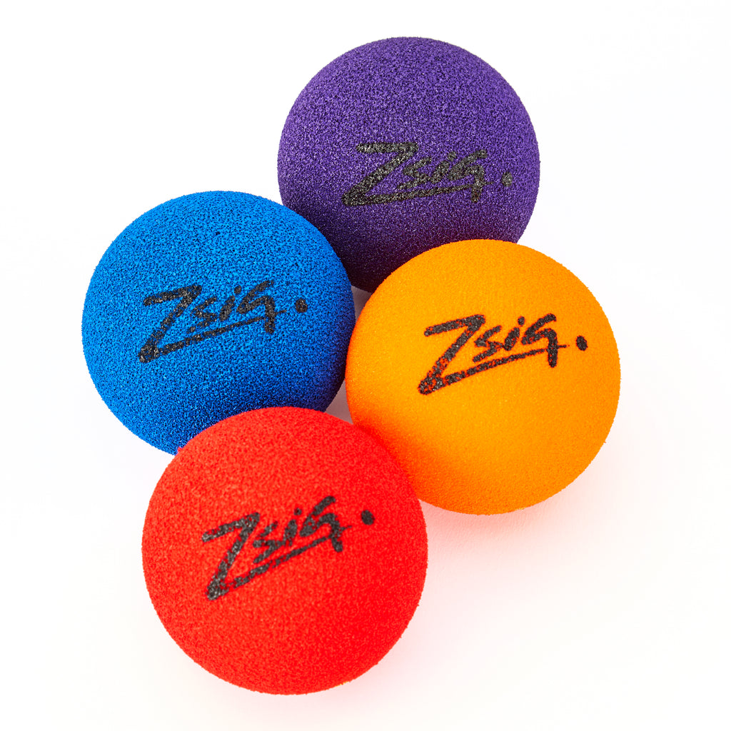 Zsig MP9 Tough Guy sponge ball in four colours - red, orange, blue and purple.