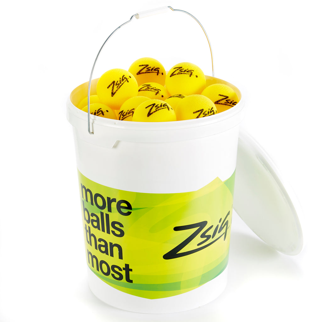 Zsig Matchplay 8cm cut foam Mini Tennis Balls in a coach's bucket of 48 balls