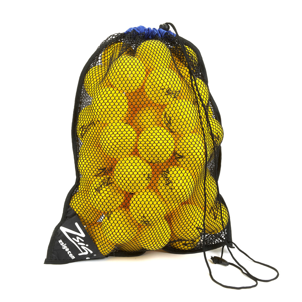 Zsig Matchplay 8 yellow cut foam Mini Tennis Balls in a handy 5-dozen drawstring carry bag