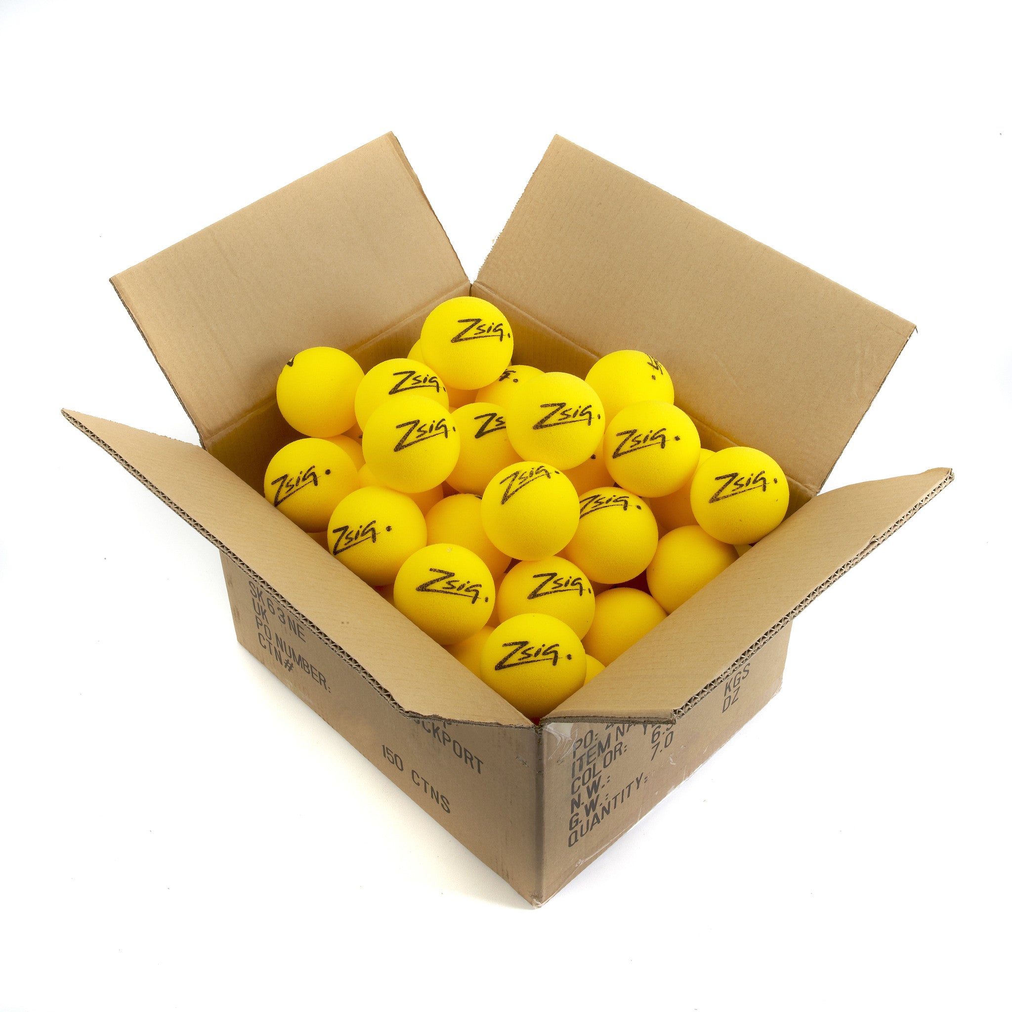 Zsig Matchplay 8 yellow cut foam Mini Tennis Balls shown in a carton of 10 dozen balls