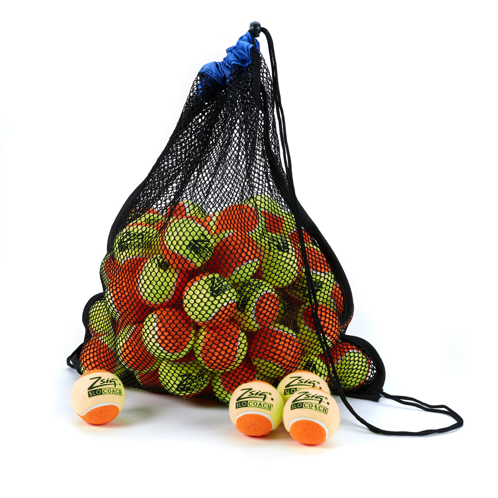 Tennis Ball 5-dozen ball drawstring carry bag. Blue band, 5-dozen Slocoach Orange.