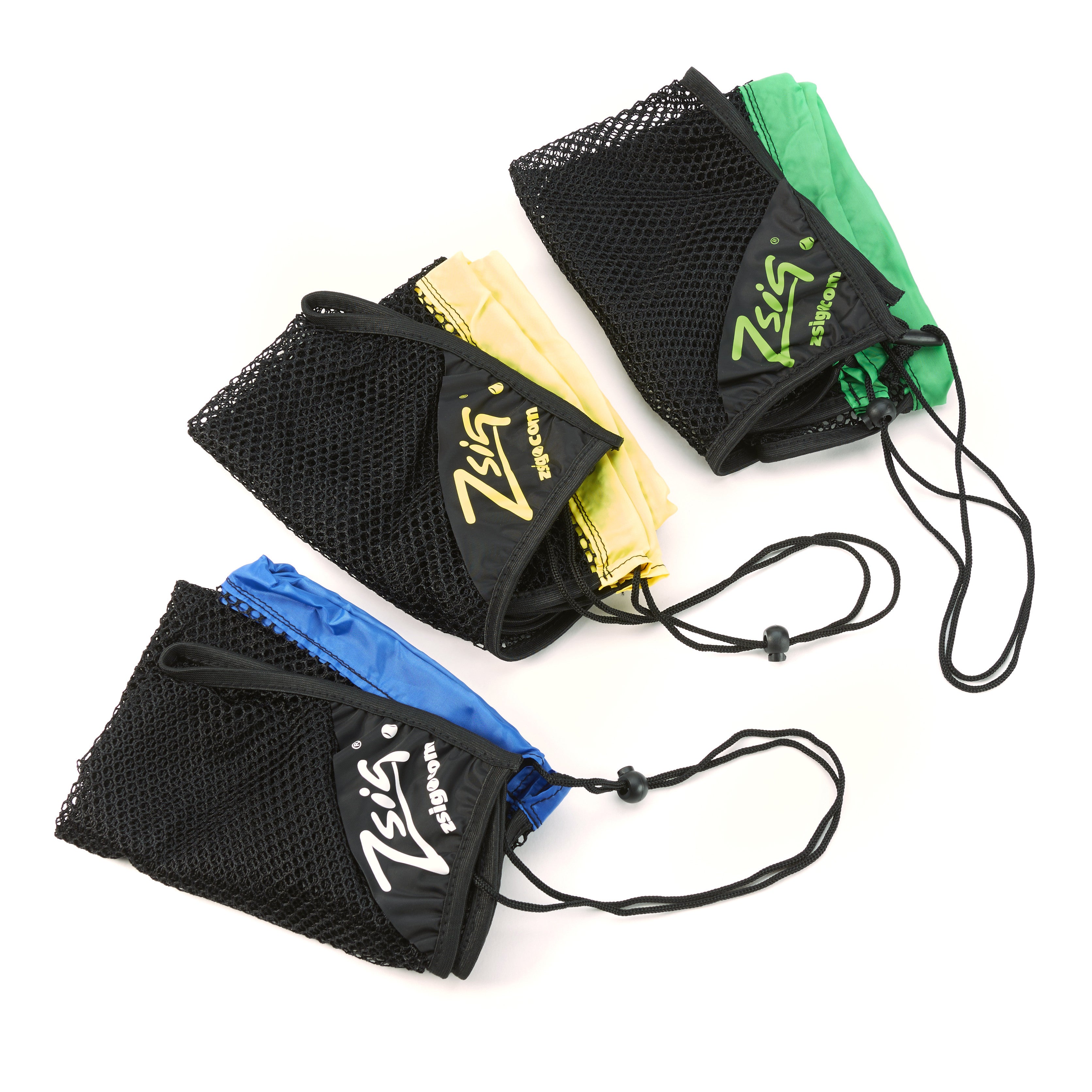 Tennis Ball 5-dozen ball drawstring carry bags. Blue, yellow and green colourway options.