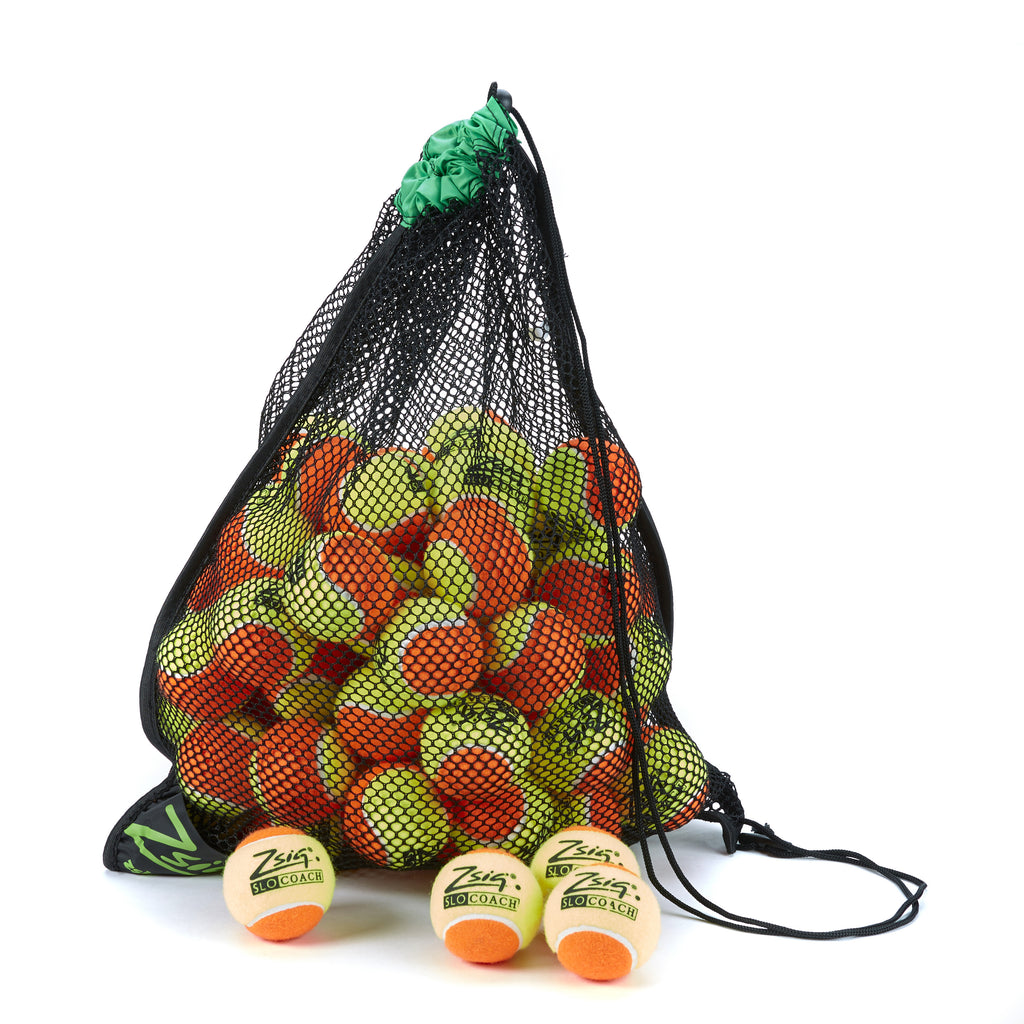 Tennis Ball 5-dozen ball drawstring carry bag. Green band, 5-dozen Slocoach Orange.