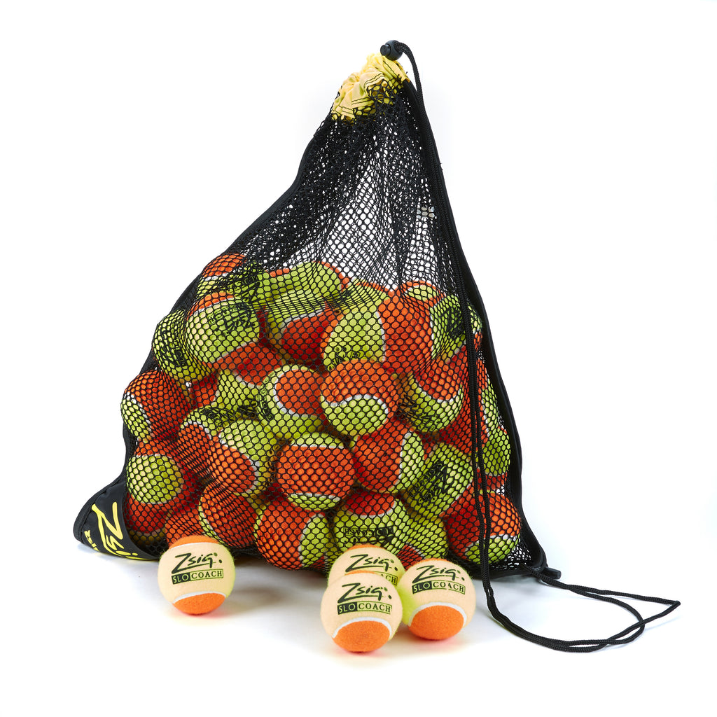 Tennis Ball 5-dozen ball drawstring carry bag. Yellow band, 5-dozen Slocoach Orange.
